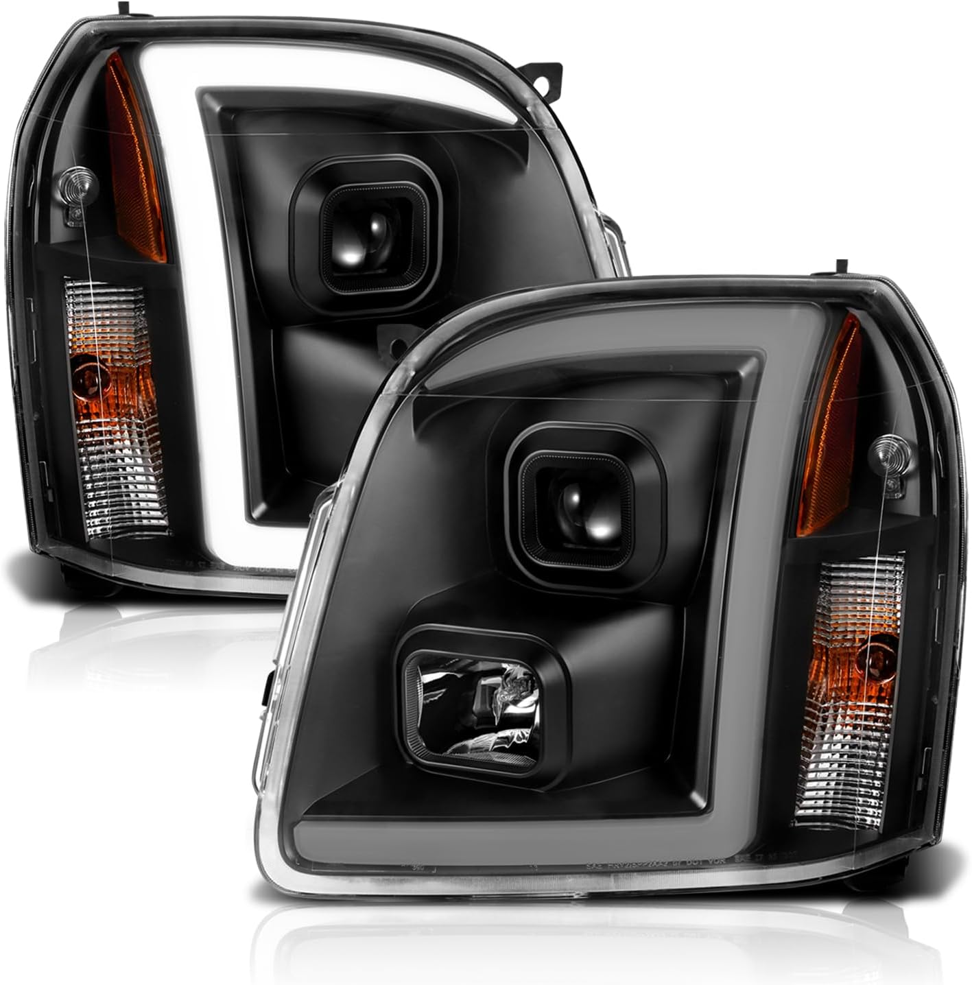 AmeriLite LED Bar Projector, Halogen, LED Car Headlights Set For 2007-2014 GMC Yukon/Yukon XL/Denali Driver + Passenger Side, Vehicle Light Assembly, led bar LED Bar Black