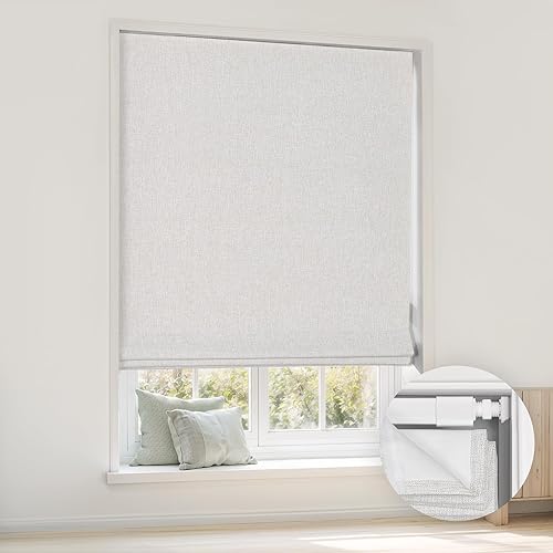 LazBlinds No Tools No Drill Cordless Roman Shades for Windows, Blackout Thermal Insulated UV Blocking Window Blinds, Room Darkening Fabric Blinds for Indoor Windows, 26'' W x 48'' H, Off White