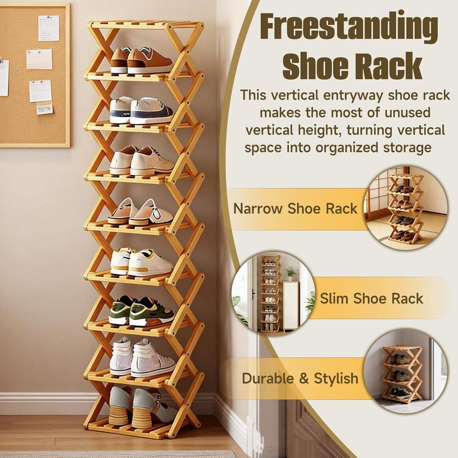 The 9-Tier Foldable Bamboo Shoe Rack, No-Tool Assembly Wooden Shoe Shelf for Entryway, Tall Skinny Standing Shoe Organizer with Collapsible Design for Small Spaces, Narrow Vertical Shoe Storage Rack