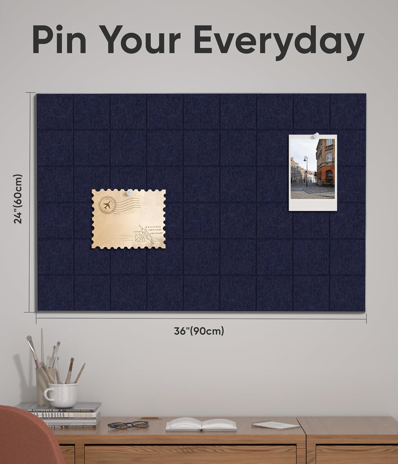 Large Cork Board for Walls 36" x 24", 6 Pack Felt Wall Tiles with Push Pins for Office Home, Pin Board Bulletin Board for Photo Pictures, Navy Blue