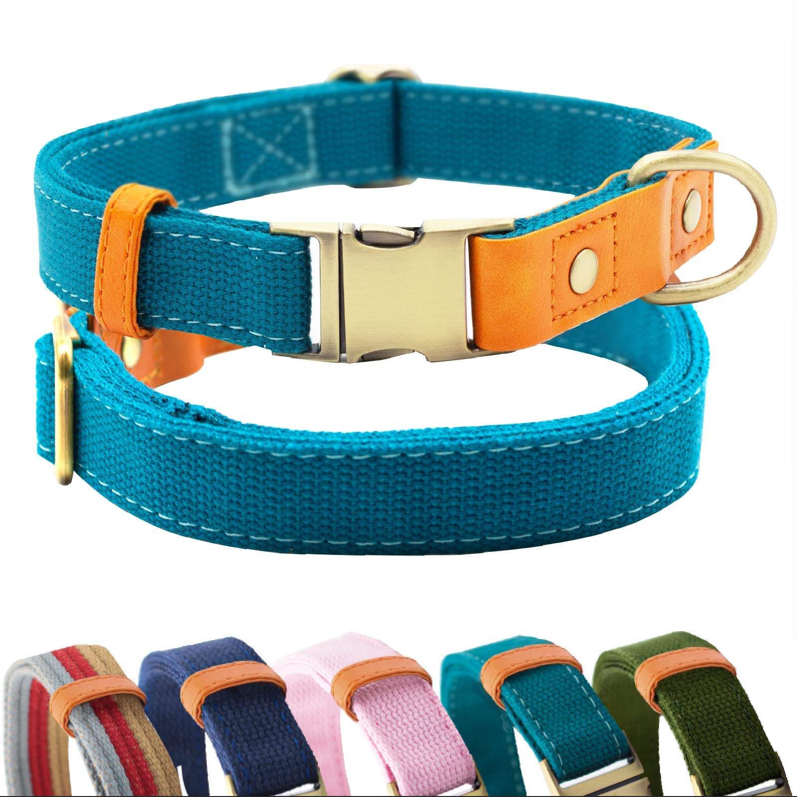 Canvas Nylon Dog Collar Durable and Adjustable Classic Pet Collars with Quick-Release Metal Buckle and D-Ring for Small Medium Large Boy and Girl Dogs (L, Lake Blue)