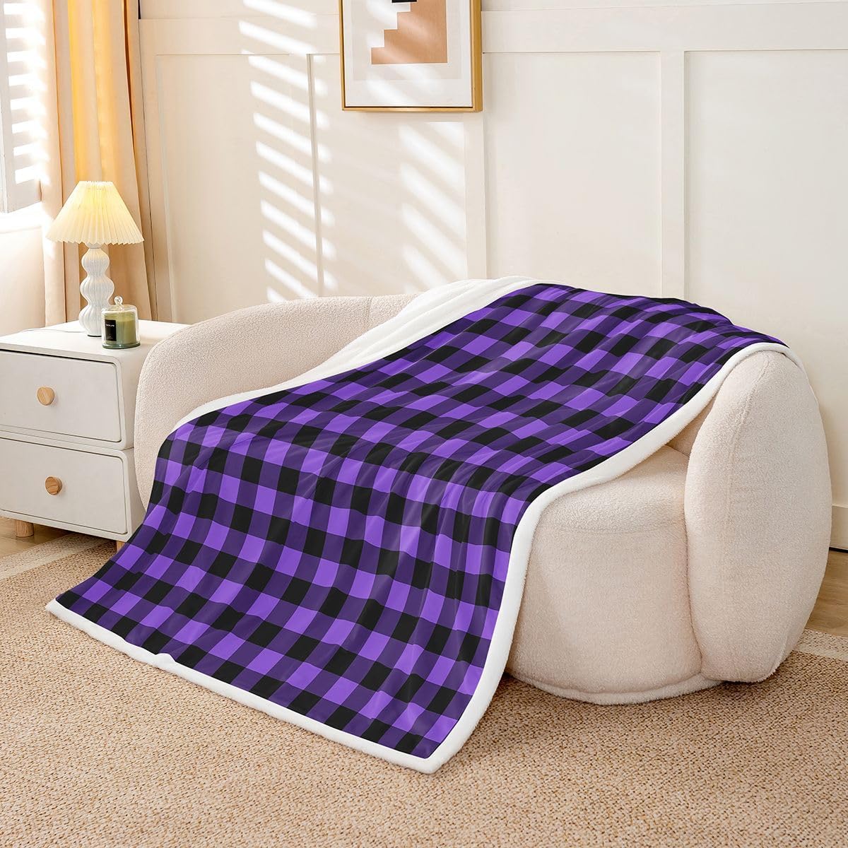 Castle Fairy Checkered Kids Throw Blanket,Geometric Stripes Buffalo Grid Bed Blanket,Classic Modern Art Theme Girls Boys Sofa Decor,Purple Fuzzy Blanket,40 x 50 Inches image 2