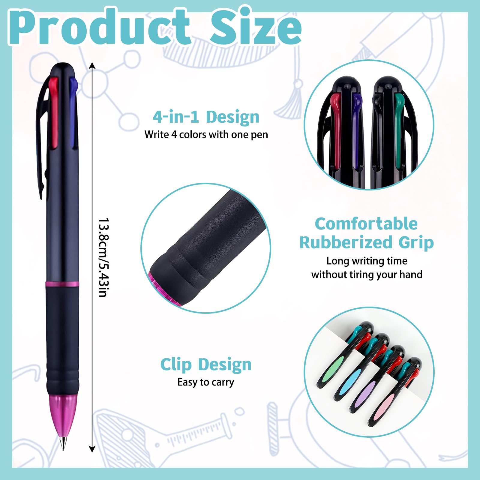 12 Penne 4 Colori In 1 - 0,7 Mm - Multicolor Retrattili Con Clip - Per Scuola E Ufficio - 3