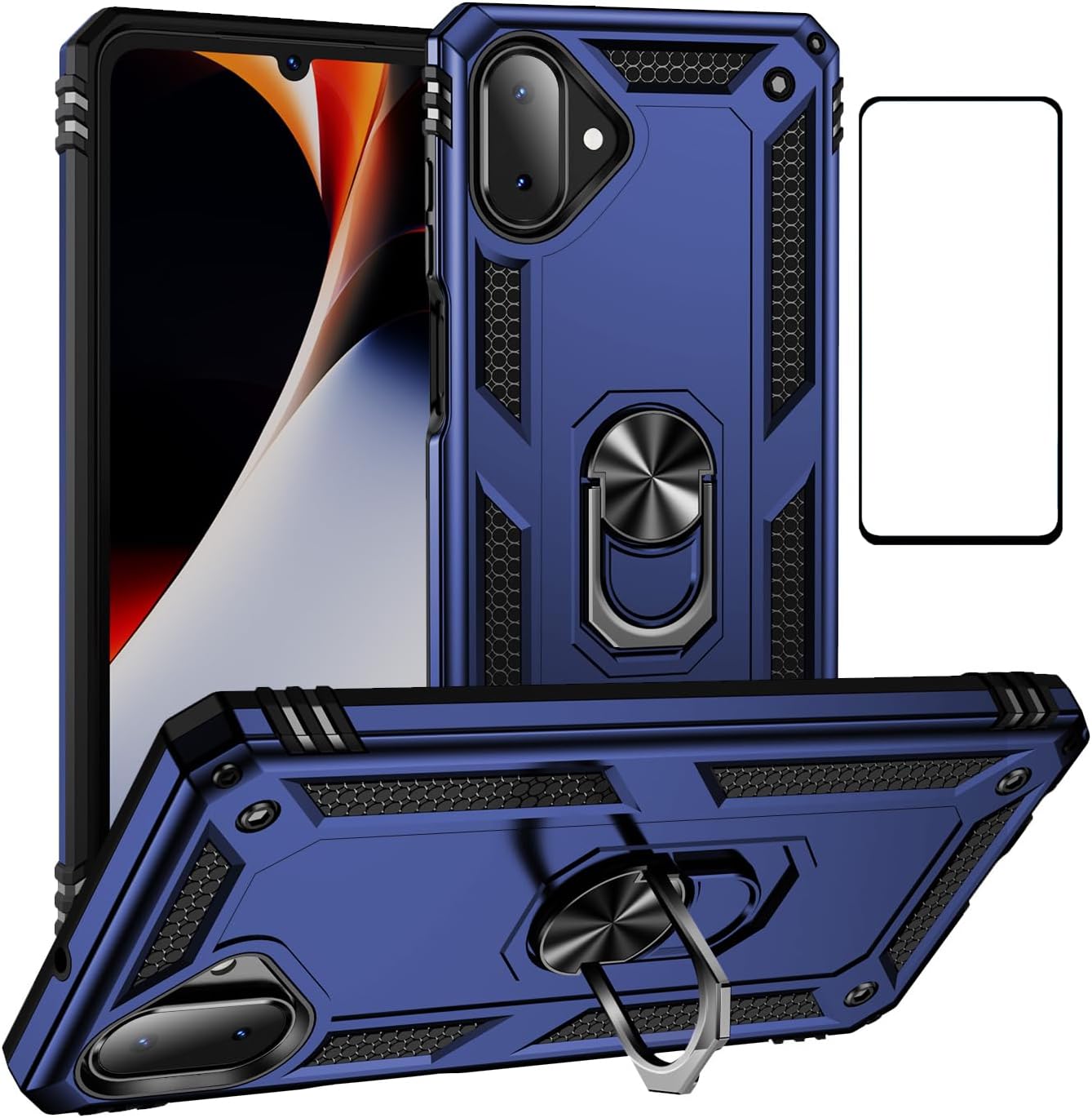 for Samsung Galaxy A07 4G Case with Screen Protector,Ring Kickstand Military Protective Shockproof Defender Armor Dual Layer Protection Back Cover Phone Case for Samsung A07 (Blue)