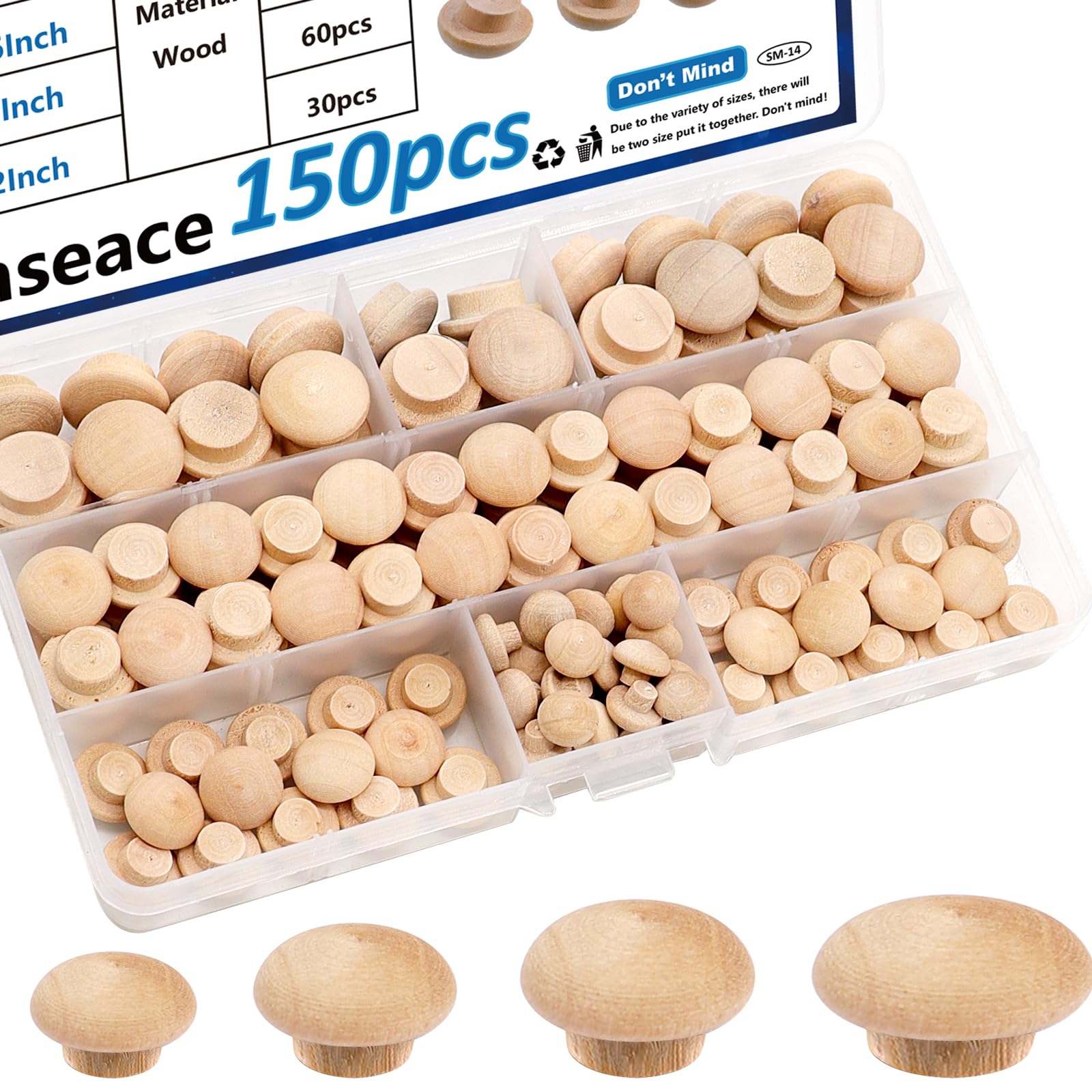 smseace 150Pcs 4-Sizes Button Wood Plugs 3/16" 5/16"，3/8"，1/2" Wooden Hole Plugs for Holes in Furniture/Table and Chair Legs/Cabinet Reserved Holes/