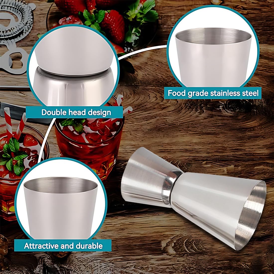 Misurino Doppio per Cocktail,Misurino Doppio per Cocktail 30ml /60ml Stile Giapponese 2 Cucchiaini Bar In Acciaio Inox Attrezzatura Per Bar,Discoteche,Party, Feste, Cocktail, Shaker (Argento)