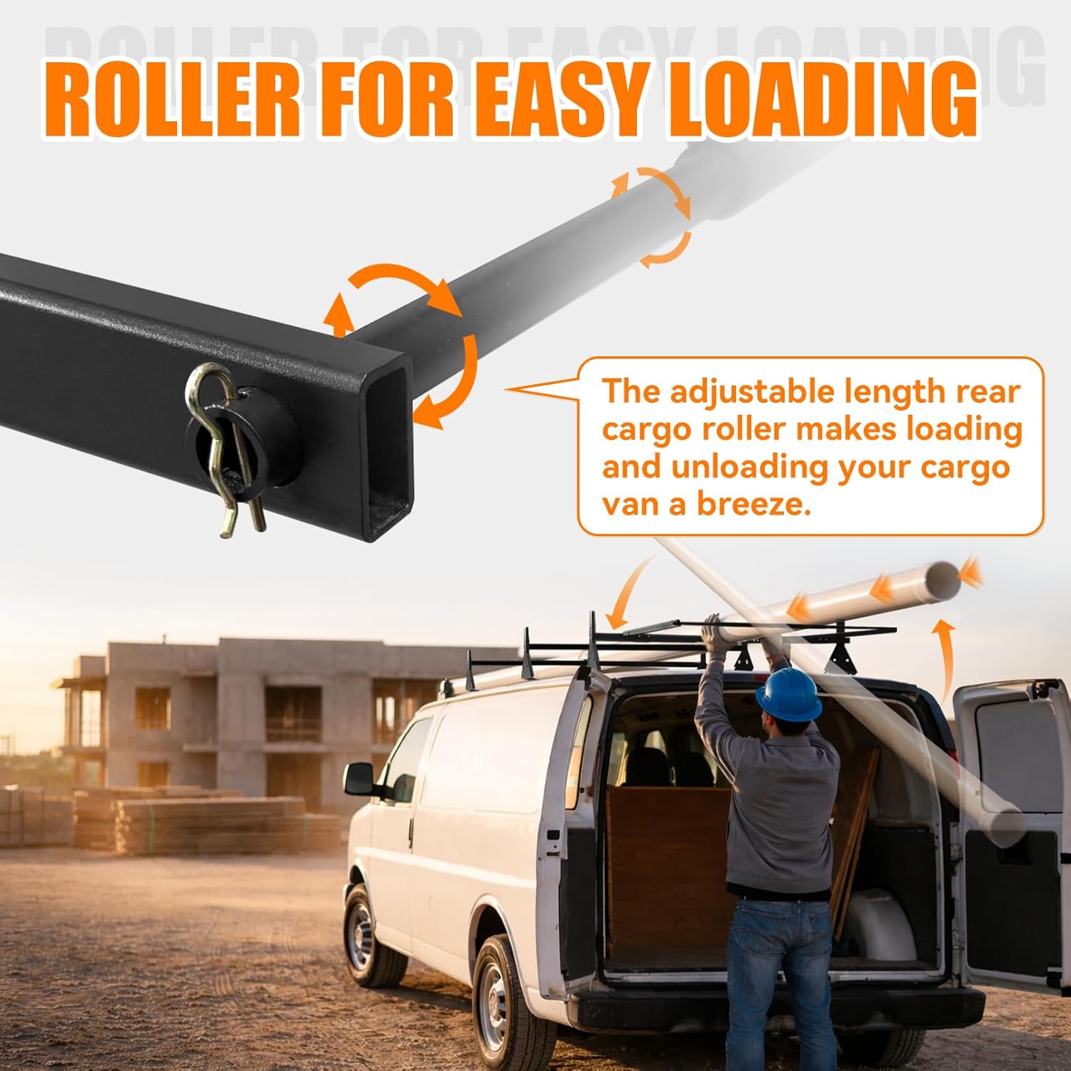 Van Ladder Roof Racks with Rear Roller, 3 Bars Adjustable with Ladder Stoppers, Fit Chevy Express Fullsize Van 1996-Up,Suitable for Vans with Rain Gutter only,800LB Load-Capacity