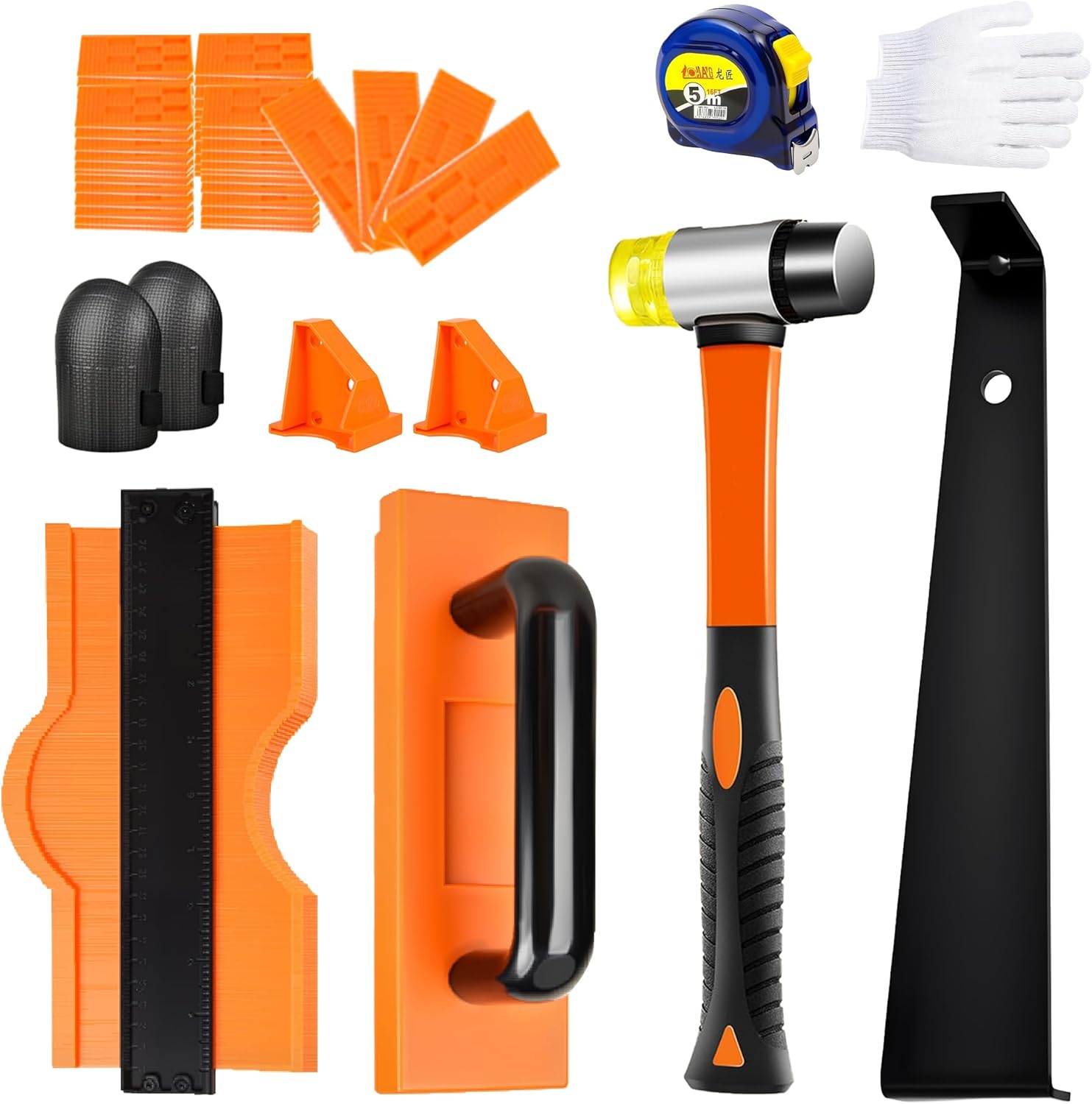 Composite flooring installation kit, complete wood flooring installation kit, including floor mat, hammer with handle, lever, 10-inch profile gauge, rubber mallet, measuring tape, and gloves.
