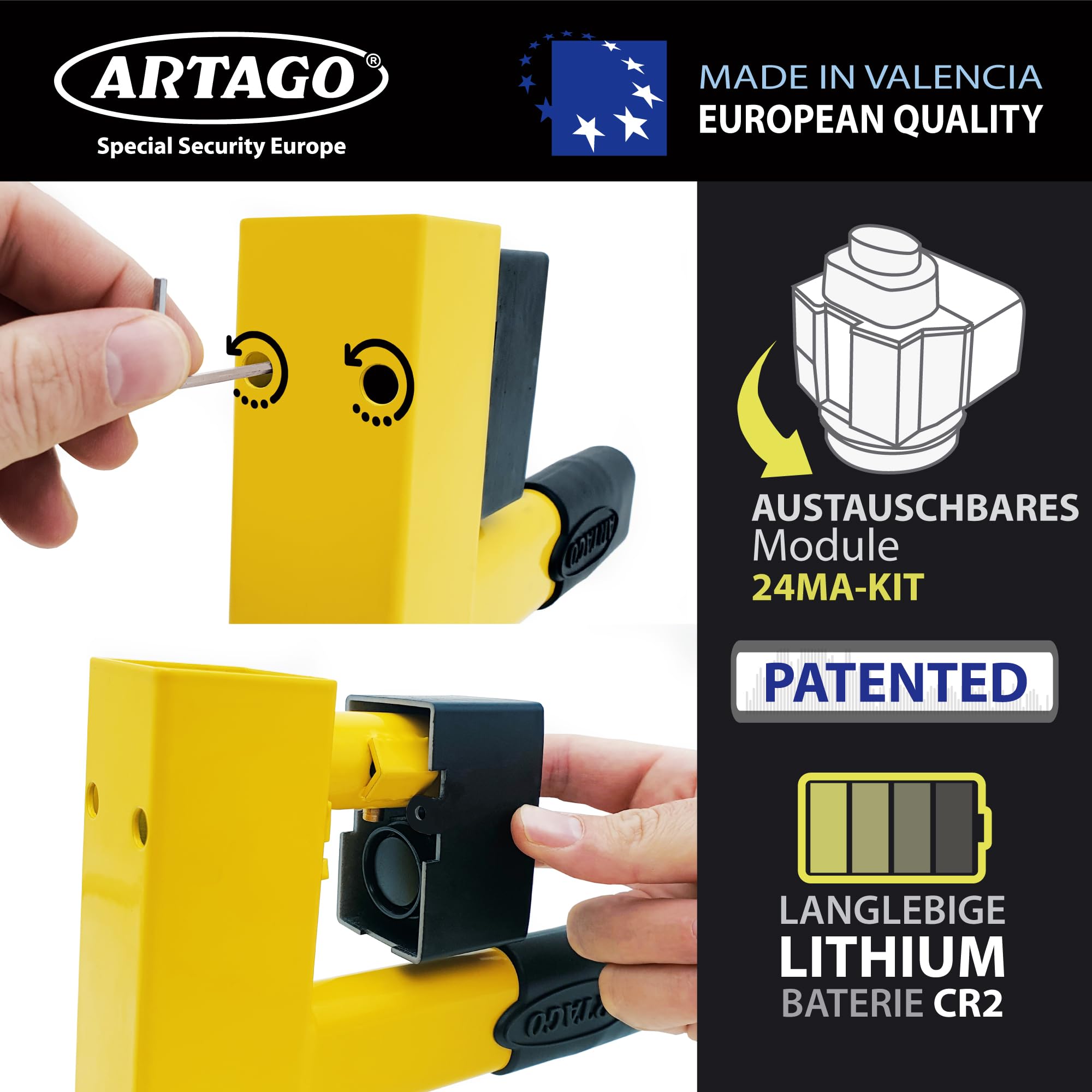 ARTAGO ART872 Hochwertige Radkralle 2in1 Ohne/Mit Alarm 120dB+LED, Die Sicherste Parkkralle, Patentiert, Rostgeschützt, Wegfahrsperre Reifenkralle für Auto Wohnmobil Wohnwagen Anhänger