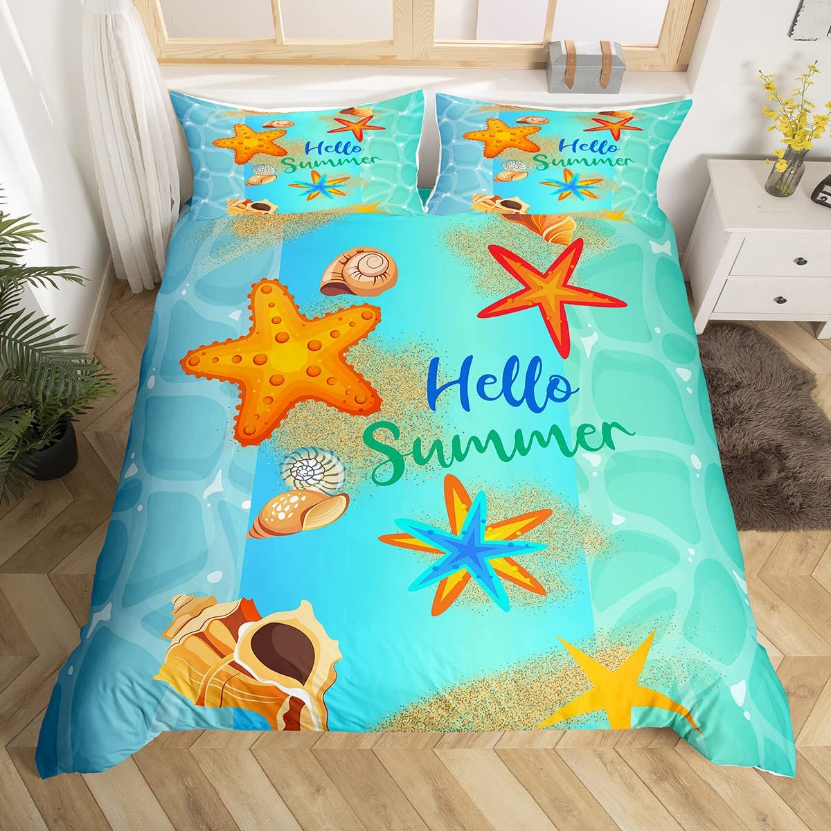 Set di biancheria da letto con stelle marine, motivo mare e