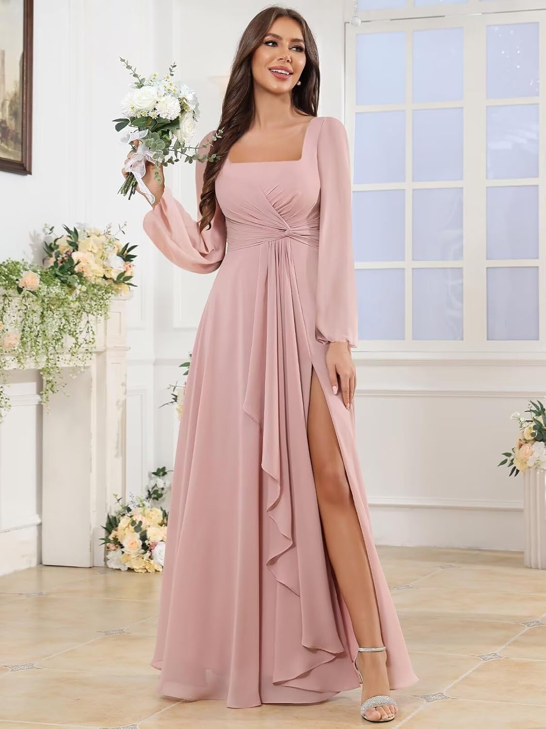 Long Sleeves Chiffon Bridesmaid Dresses for Women Square Neck A-Line Ruched Formal Gowns with Slit - Image 3