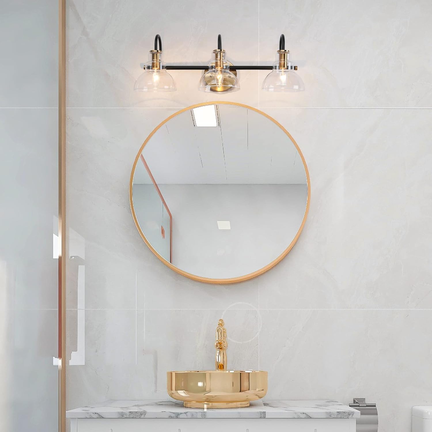 ZEVNI Bathroom Light Fixtures, 3-Light Bathroom Vanity Light, Black Gold Vanity Lights Over Mirror with Clear Glass Shades, 22.5" x 7.5" x 8"