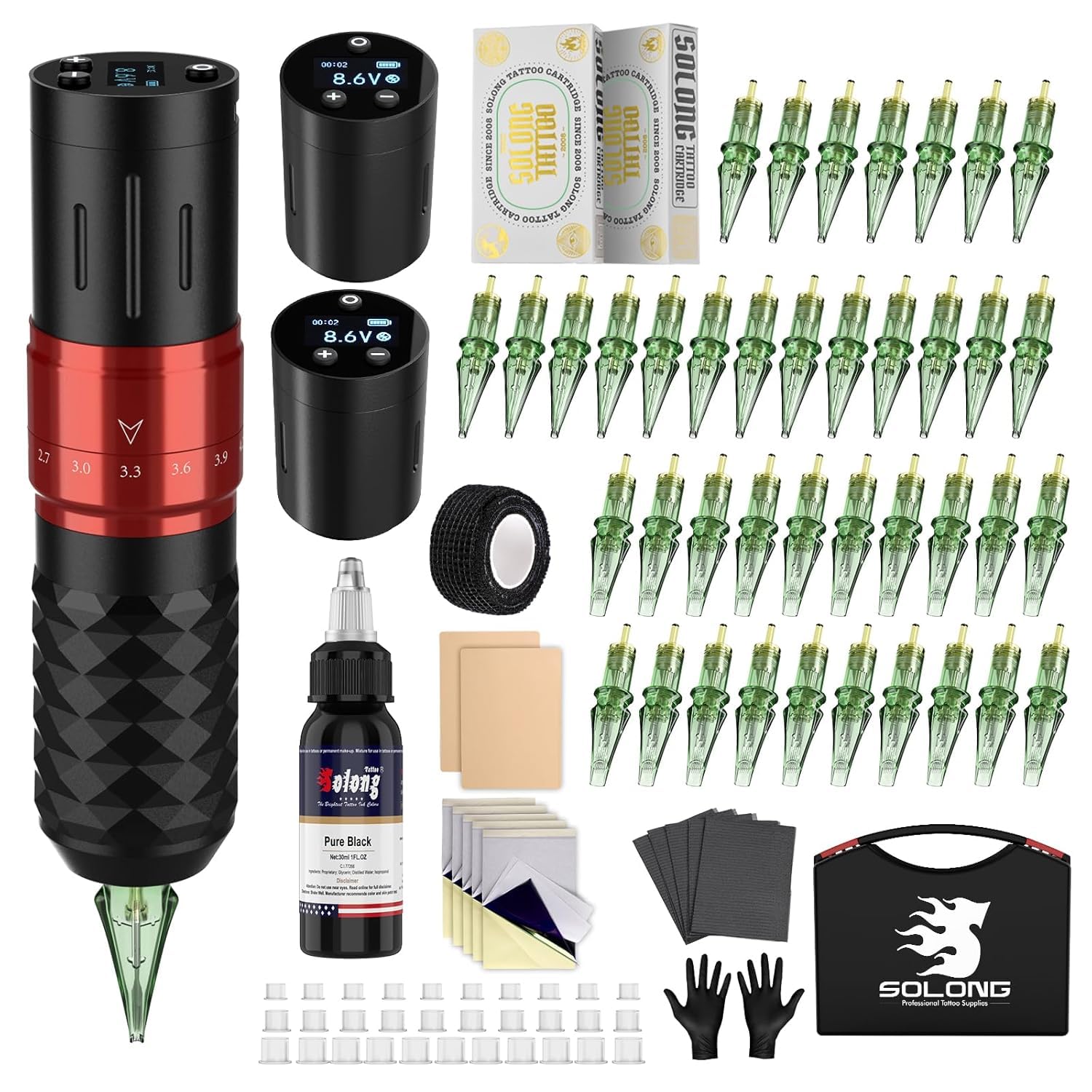 Solong Máquina de Tatuaje Kit Completo- 2 Baterías Inalámbrica Pistola de Tatuaje con Pantalla OLED 40pcs Agujas de Cartucho, 30ML Tinta Negra para Principiantes Artistas del Tatuaje SLE75KITEU-1