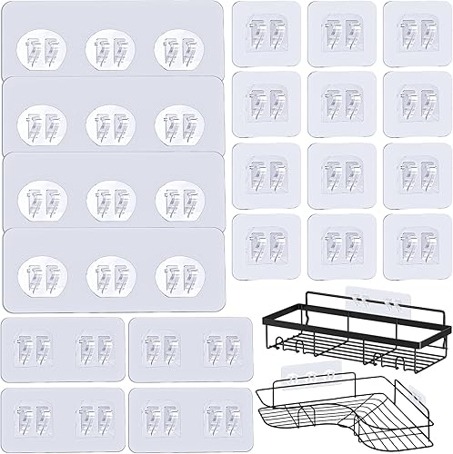 Paquete de 24 ganchos adhesivos para regadera, sin taladro, resistente, impermeable, transparente, minimalista, plástico, montaje en pared, peso