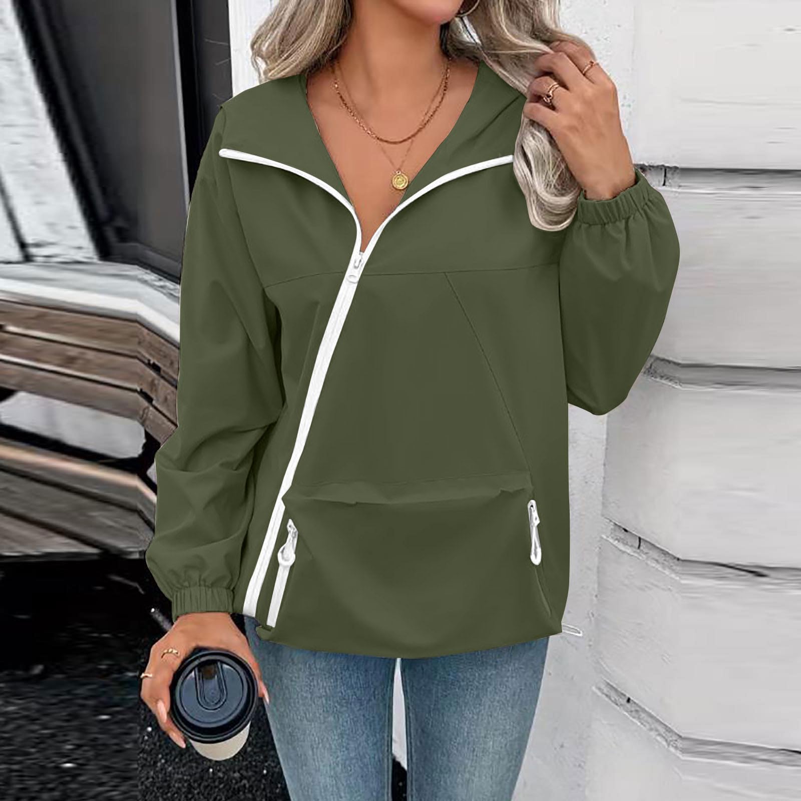 Veste Imperméable Femme Zippé Coupe Vent Avec Capuche Ciré Veste À Capuche Légère Manteaux Fine Décontracté Ample Parka Imperméable Avec Poches Pour Randonnée Camping Cyclisme