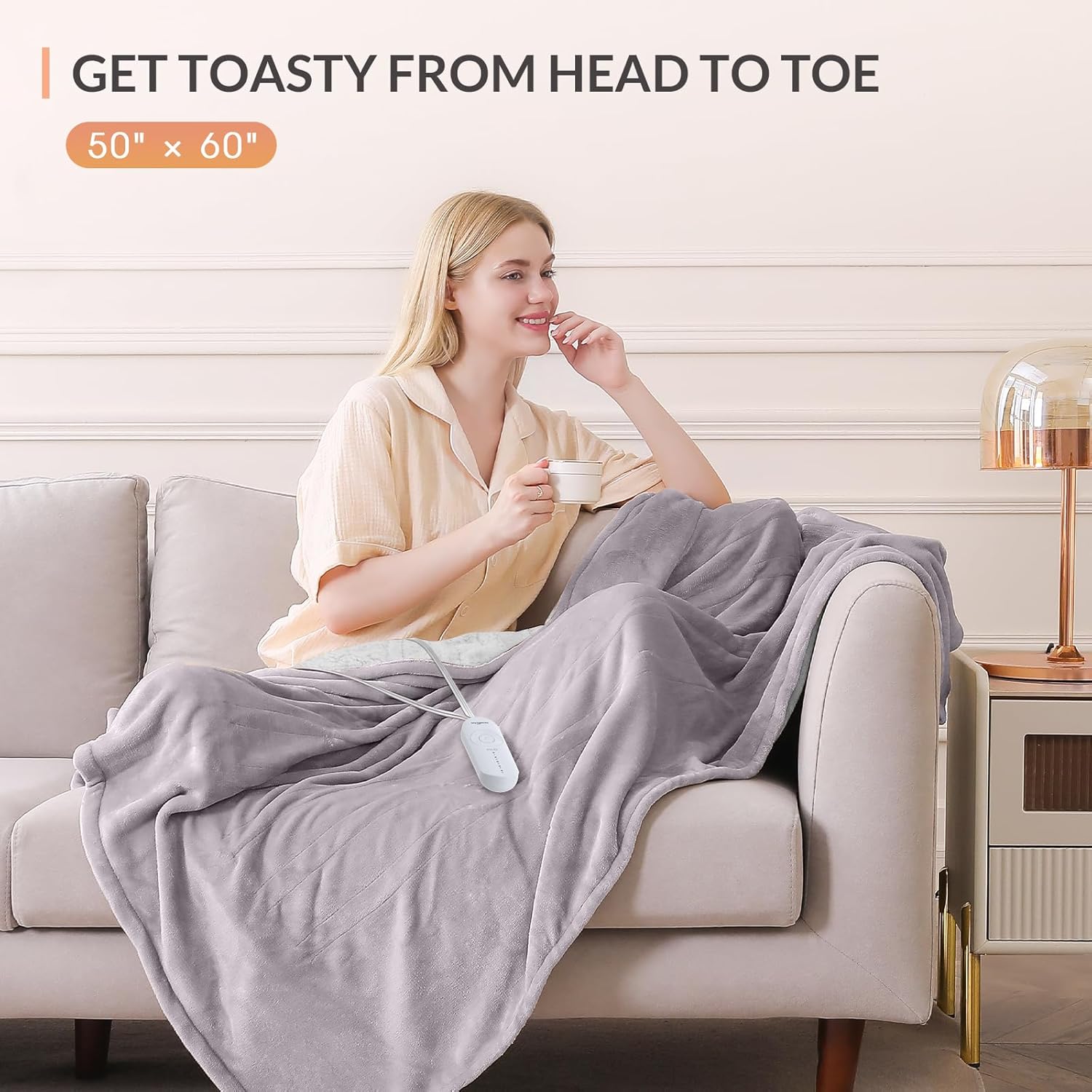 HOMLYNS LuxeHeat Heated Blanket Electric Blanket, Soft Flannel Sherpa Heated Throw, Heating Blanket with 5 Heat Settings, 3 hrs Timer Auto Shut Off (50x60 inches, Taupe) - Image 3