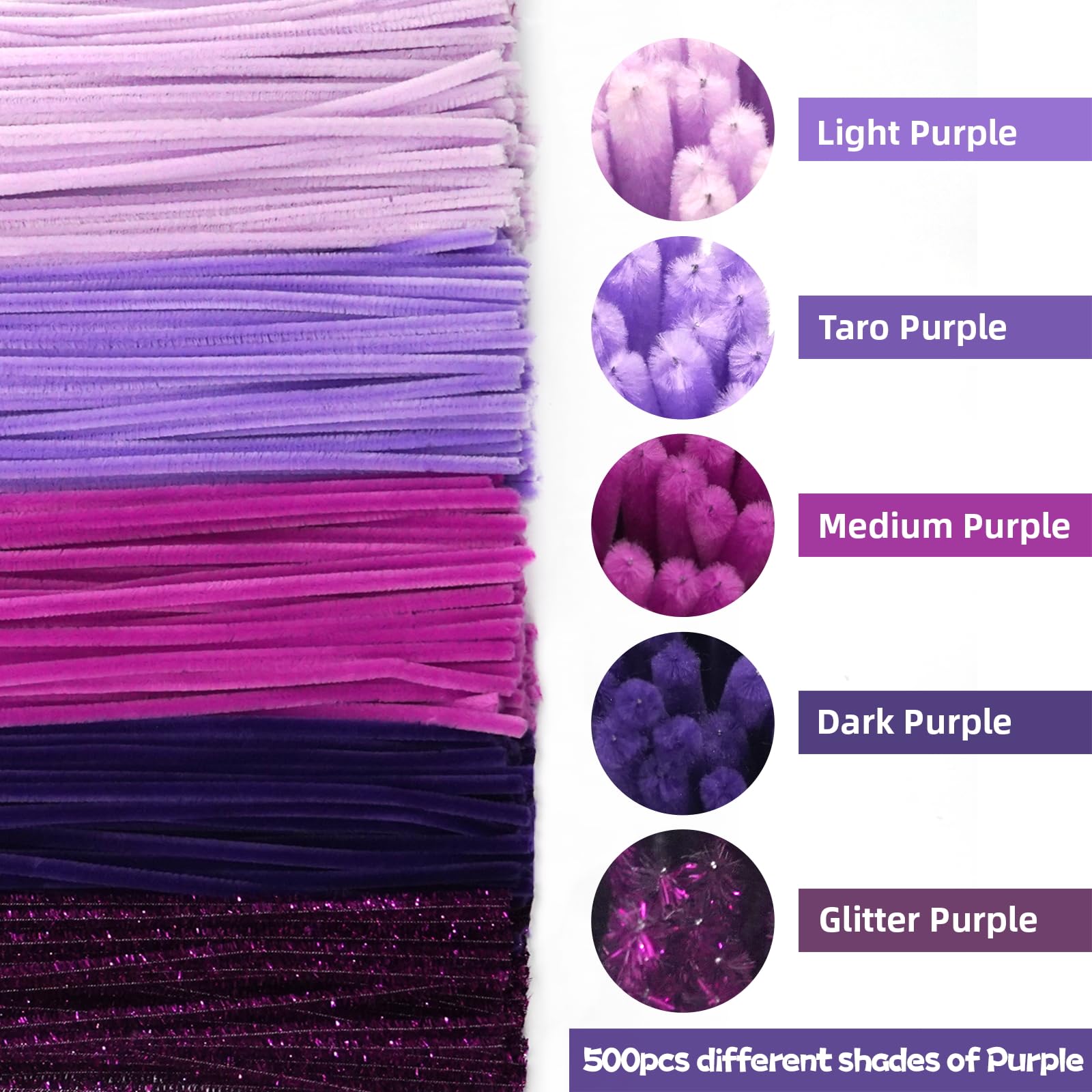 Lot de 500 cure-pipes violets, 5 couleurs assorties pour travaux manuels, cure-pipes d'Halloween, tiges pelucheuses en chenille pour loisirs créatifs, projets créatifs