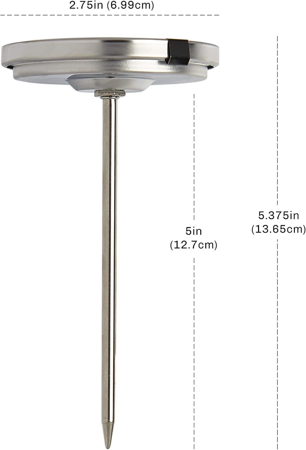 Diagram showing the dimensions of the CDN ProAccurate IRM200-GLOW thermometer, including dial diameter and stem length.