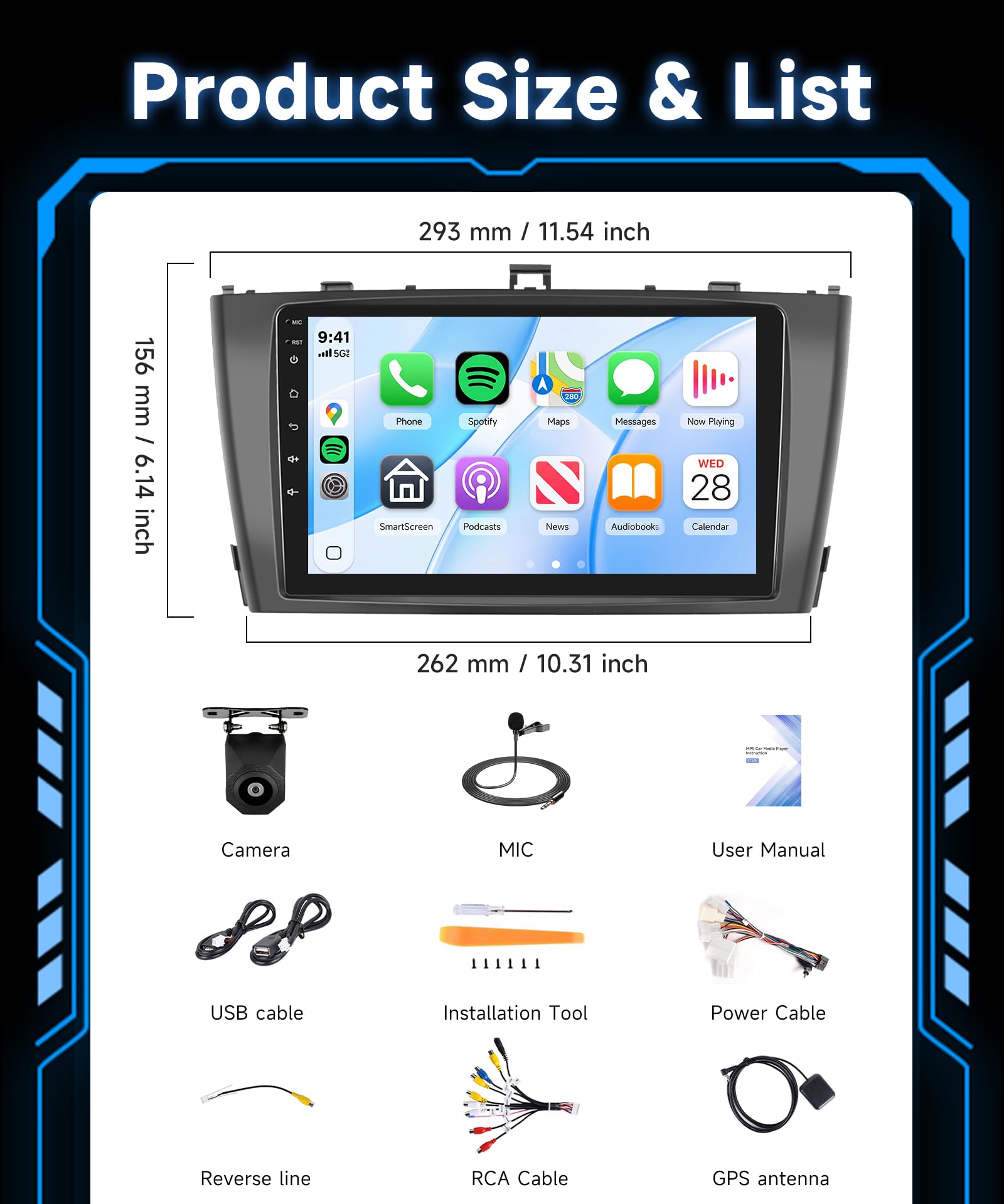 Rimoody Radio de Coche para Toyota Avensis T27 2008-2015 Inalámbrico Carplay Android Auto You-Tube Vi-Link Bluetooth FM/RDS DSP EQ, 9 Pulgadas Pantalla Táctil Radio Mirror Link USB SWC Cámara Trasera