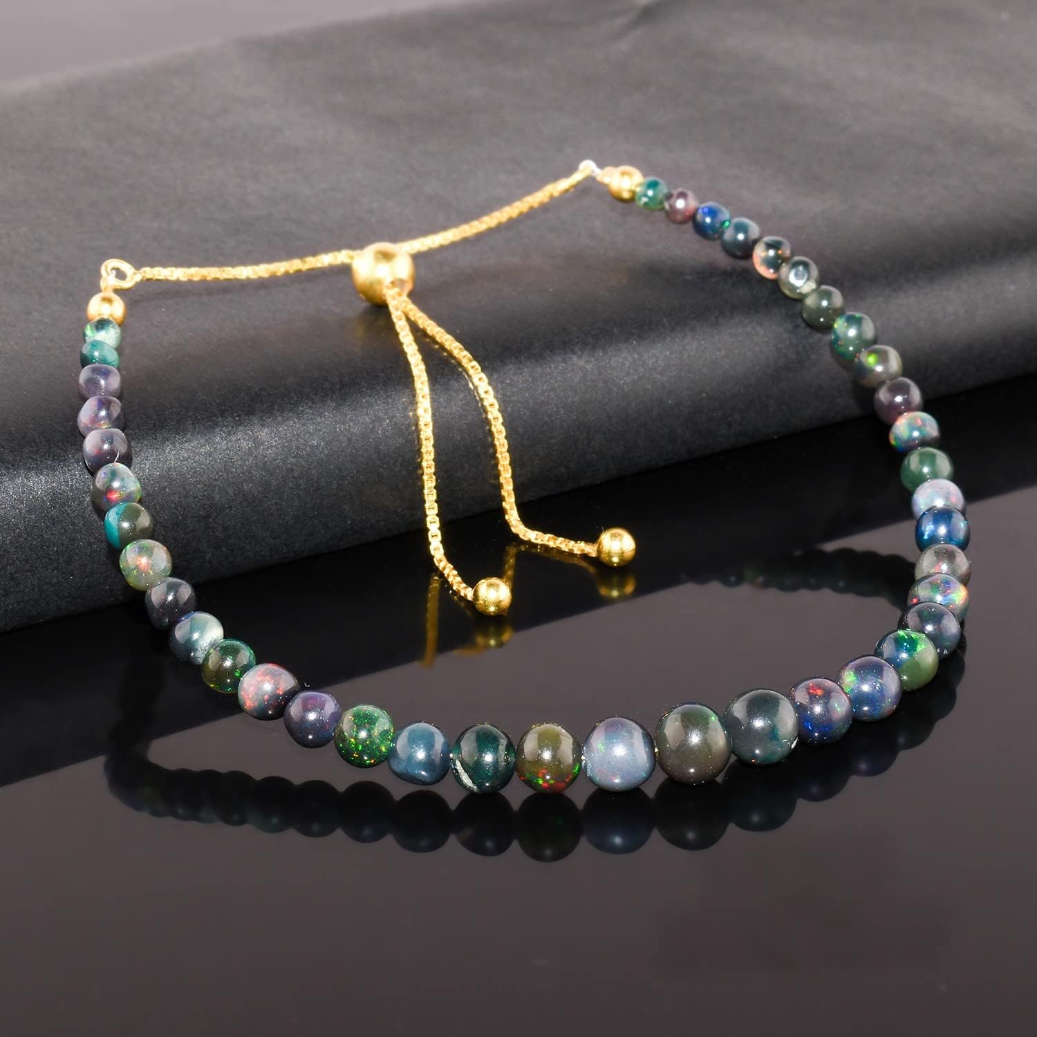 OdrillionGems AAA Ethiopian Black Opal Bolo Bracelets, 14K Gold Plated Sterling Silver, Healing Crystal Opal Smooth Beads, Adjustable Slider, Handmade, Women Jewelry, Size 10" - Image 3