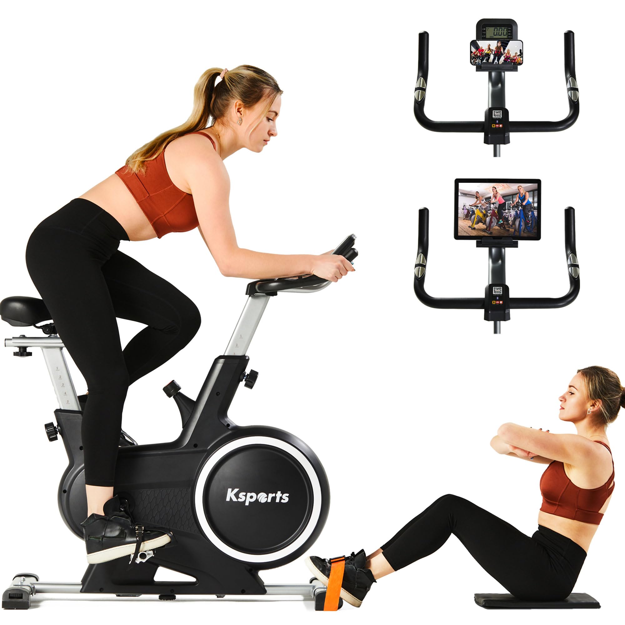 KsportsHome Magnetic Resistance Adjustable Cardio Exercise Stationary Bike for Home Gyms with LCD Screen, Straps, and Ab Mat, Black