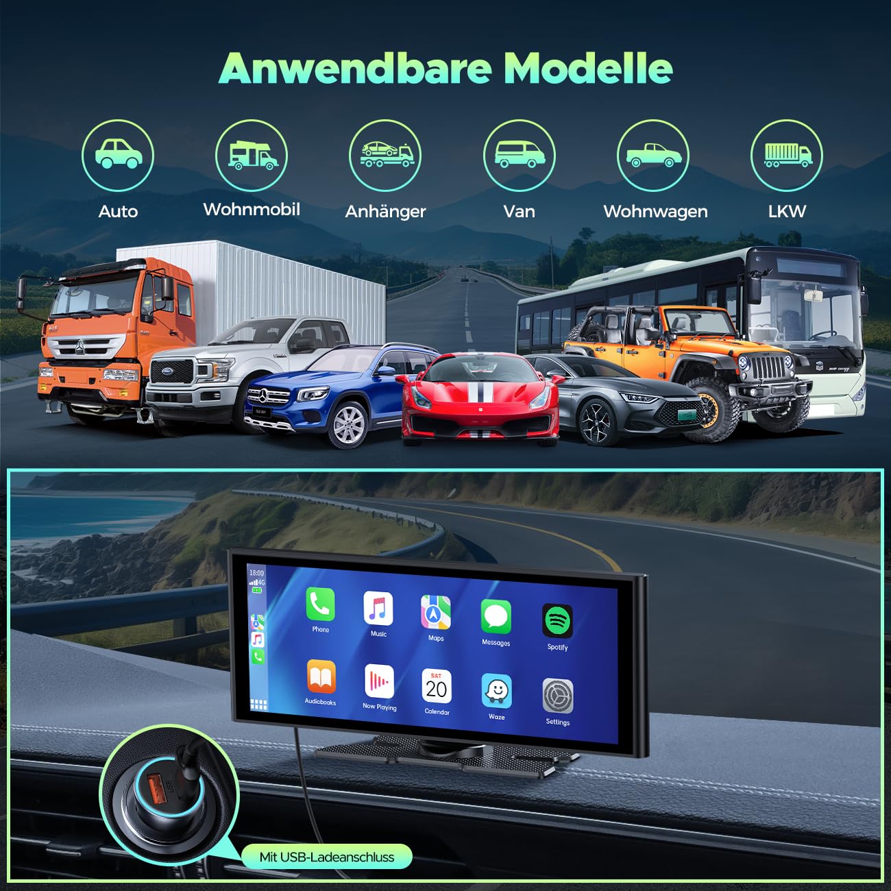 Lamto Autoradio für Apple Carplay Android Auto mit Dashcam Vorne Hinten 4K+1080P, 9,26 Zoll Tragbarer Wireless Carplay Screen Autoradioempfänger mit Bluetooth 5.0/FM/Siri/Go0gle/Mirror Link/64G TF/AUX