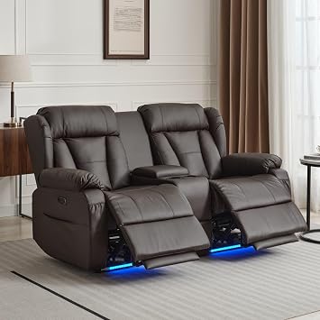 Power Loveseat Recliner Sofa, Home Theater Seating with Console,Reclining Loveseat Sofa RV Couch with LED Lights, Cup Holders, USB, Drawer, Faux Leather for Living Room