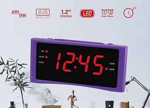 Miniatura 3 de HANNLOMAX Radio despertador HX-151CR, radio PLL AMFM, alarma dual, pantalla LED roja de 1.2 pulgadas, solo operación de CA. (morado)