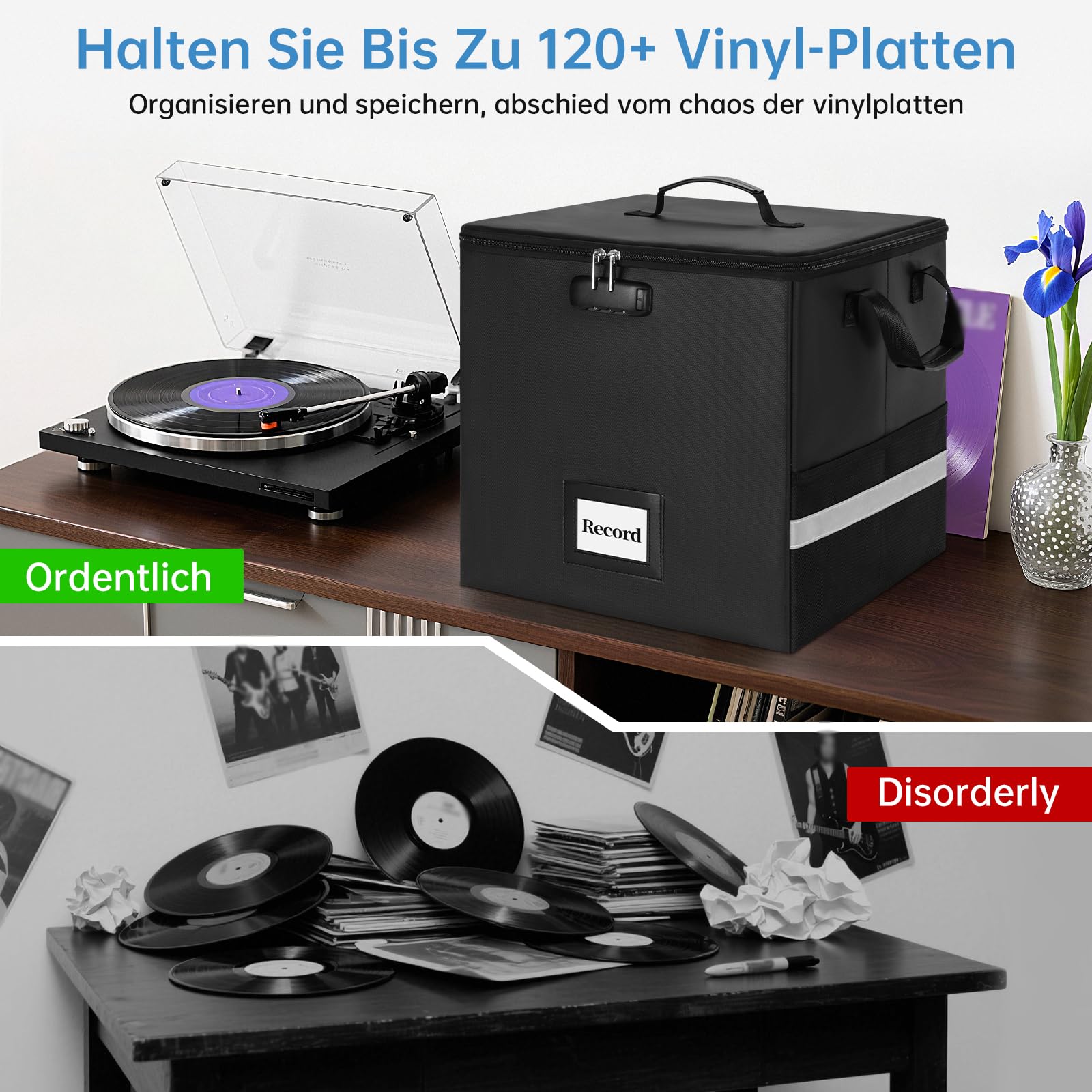 OUUTMEE Scatola portaoggetti per dischi in vinile ignifugo con serratura, resistente all'acqua, per dischi da 30,5 cm, può contenere fino a 100 dischi singoli, cassa pieghevole per collezione di album