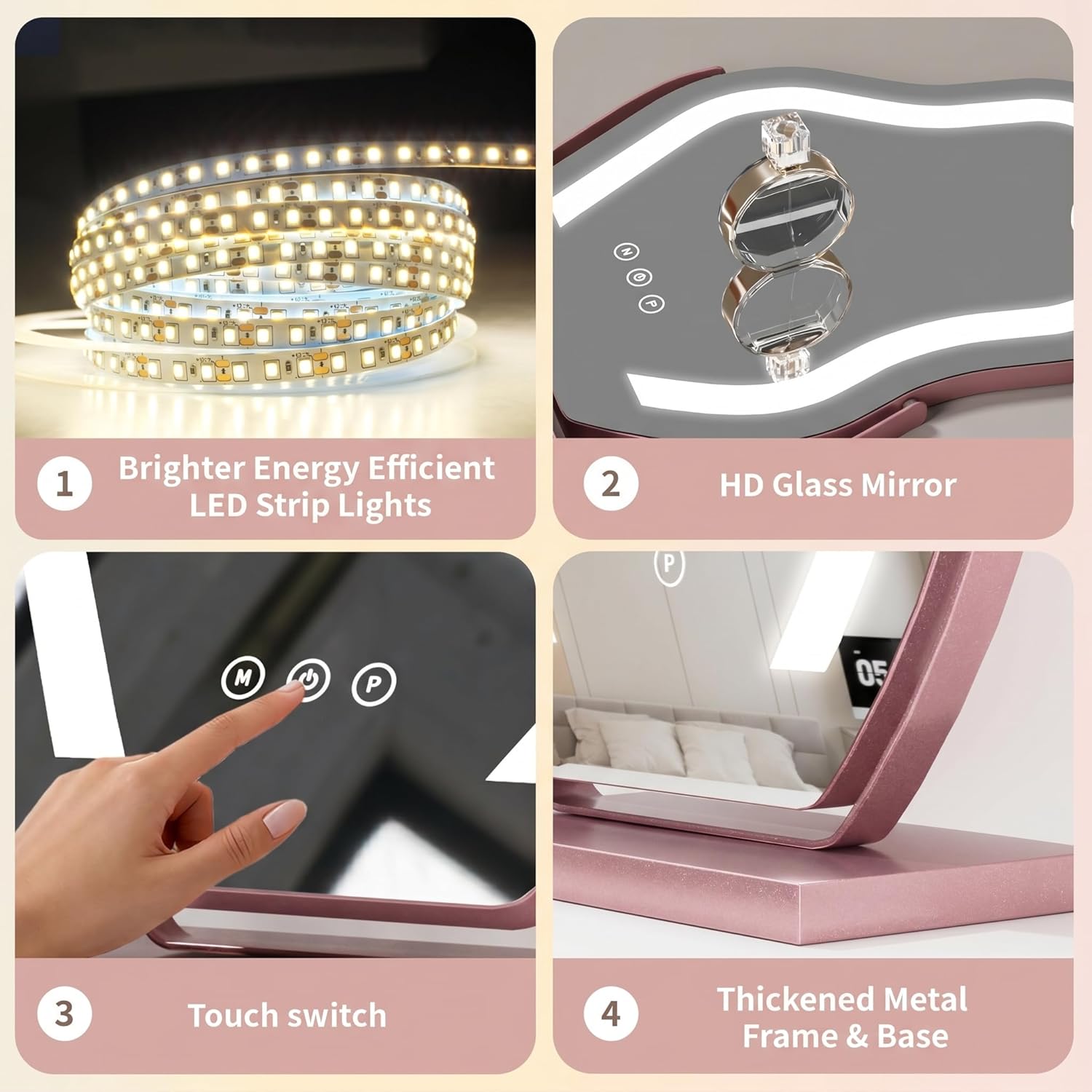 Makeup Mirror with Lights - 17″ Cloud Shaped Smart Touch 3-Color Dimmable 360° Rotation Memory Metal Frame Plug-in AC Power Tabletop Vanity Mirror Gift for Women Teen Girls Rosegold