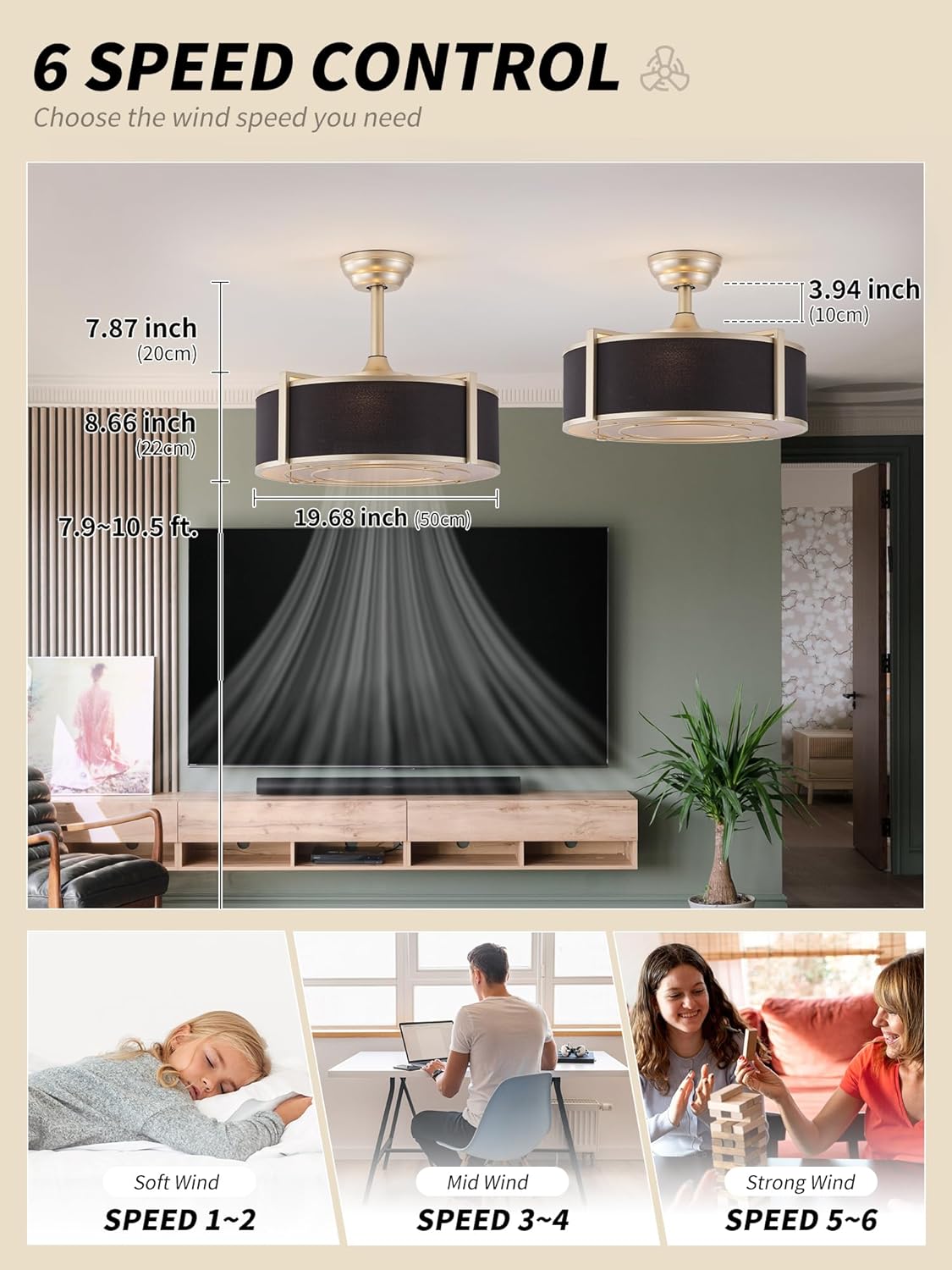 SYDACG 20" Caged Ceiling Fans with Lights, Black and Gold Fandelier Ceiling Fan with Light, Farmhouse Rustic Chandelier Fan Remote Control, 6 Speeds for Bedroom, Nursery, Living Room