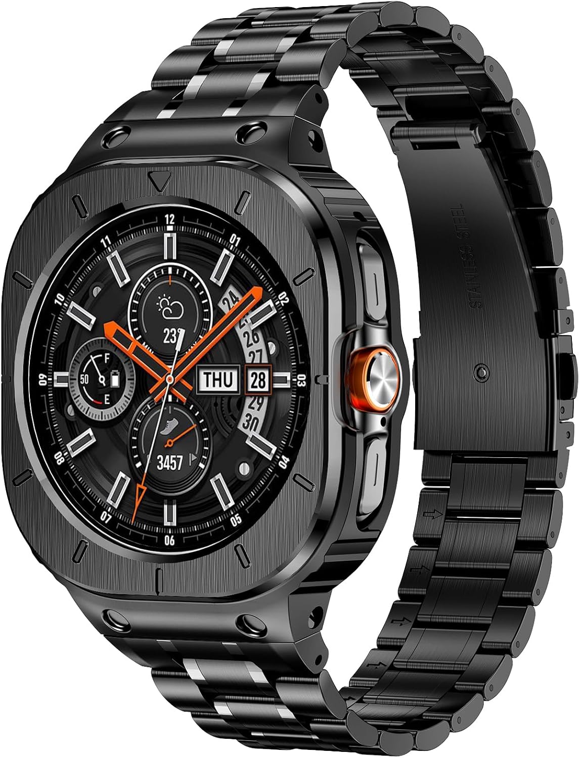 Stainless Steel Bands with Case Compatible with Samsung Galaxy Watch Ultra 47mm, Rugged Protector Cover and Metal Band for Samsung Galaxy Watch 7 Ultra for Men (Black)