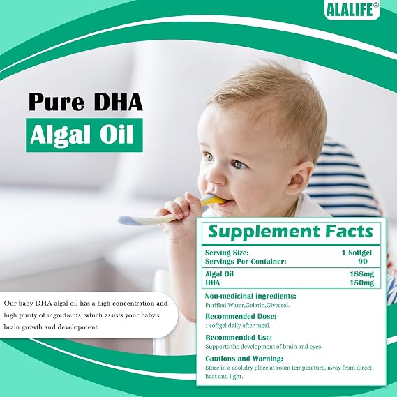 Pure DHA Algal Oils Kids - 90 Capsules - 80% High Purity Algal DHA Supplements - DHA Algal Oil Omega 3 Supplements for Kids - Beneficial to Baby's Brain and Optic Nerve Development - Non GMO