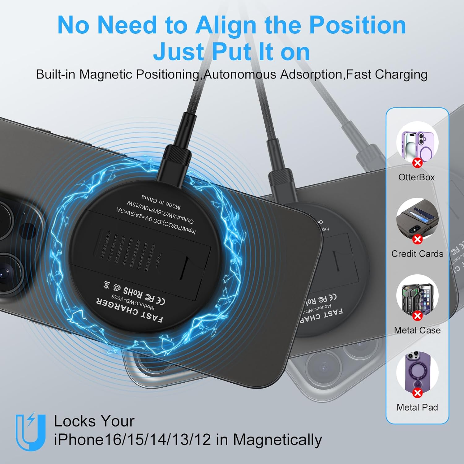 Wireless Charger Fast Charging Pad Magnetic Compatible for iPhone 16E/16 Pro Max/17e/17 Air/17 Pro Max/15/14/13,15W Wireless Charger Stand Station Kickstand Android Phone for Samsung Galaxy S26 Ultra