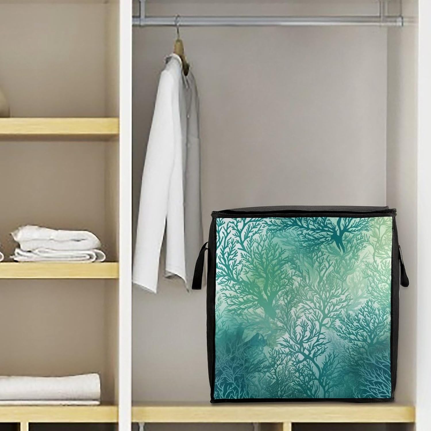 Quilt Storage Bag,Green Sea Blue Seaweed Printed Large Foldable Storage Container Portable Travel Storage Bag for Blankets, Quilts, Clothes, Comforter, Bedding And Pillows