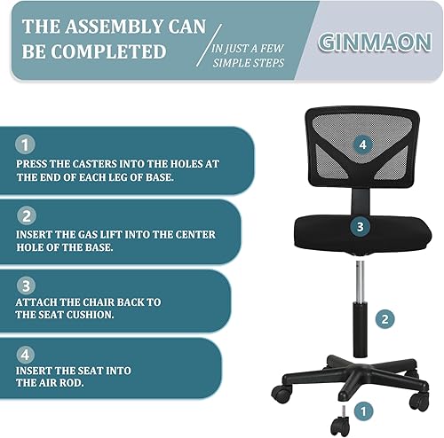 Vista 5 de Silla de oficina, silla de escritorio sin brazos, silla ergonómica de computadora de altura ajustable y giratoria, silla rodante para el hogar