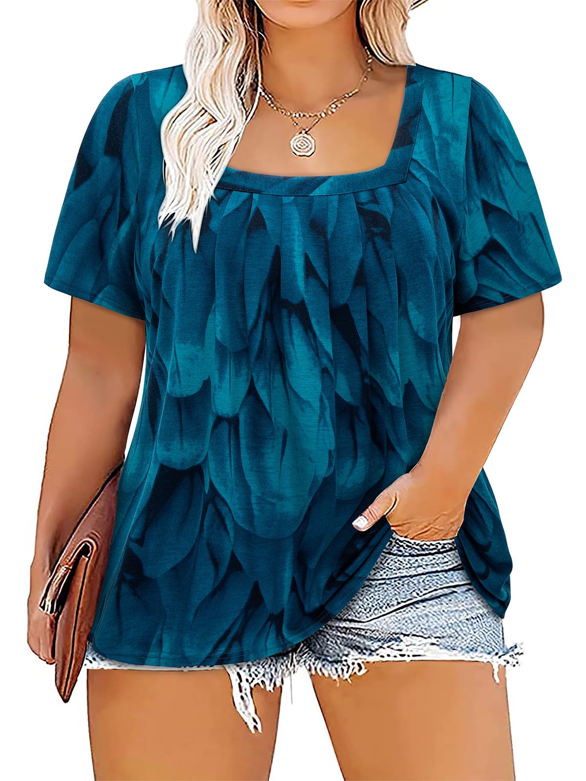 SiddhePlus Size Tops for Women Short Sleeve Square Neck Summer Loose Fit Tunic Top for Leggings