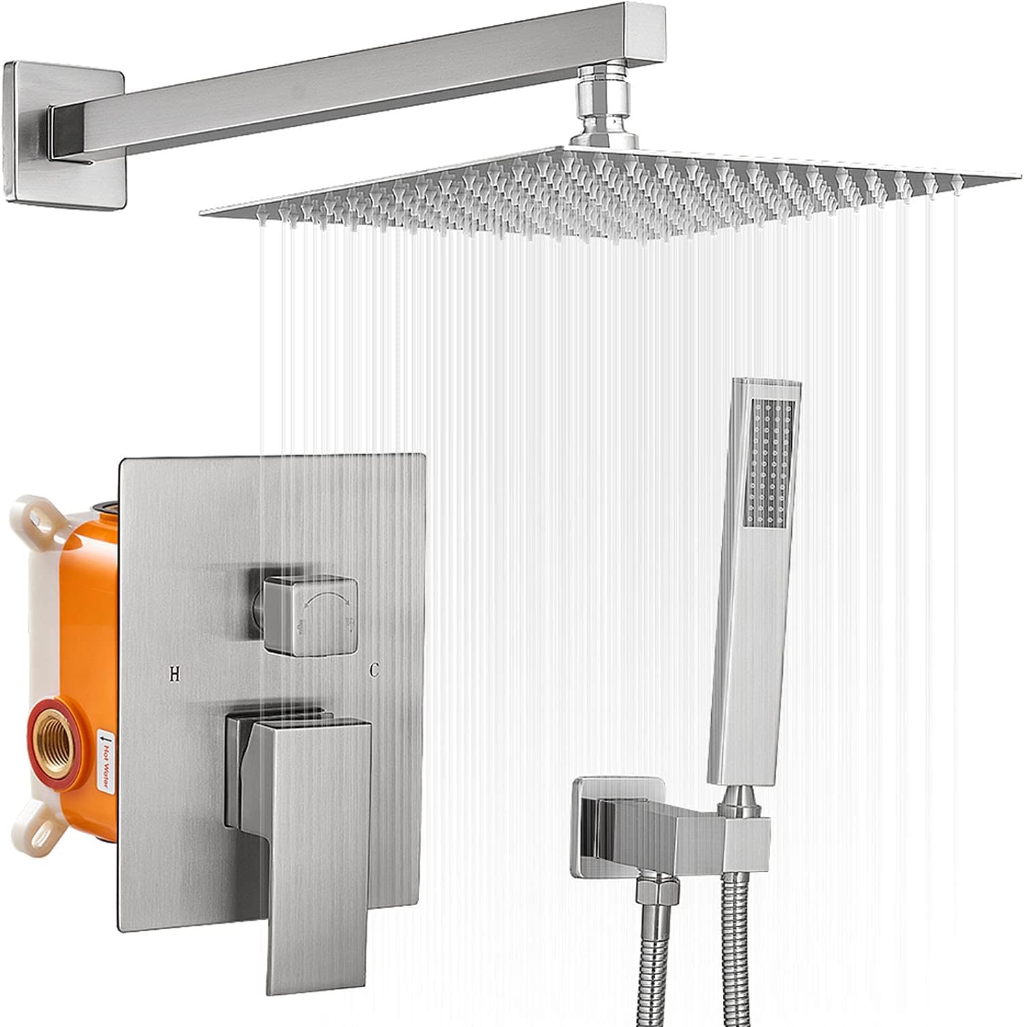 16 Inch Rain Shower Head and Handheld Shower System,High Pressure Shower Faucet Set Complete Brushed Nickel Fixture Combo for Bathroom Wall Mounted Rough-in Valve Body and Trim Included