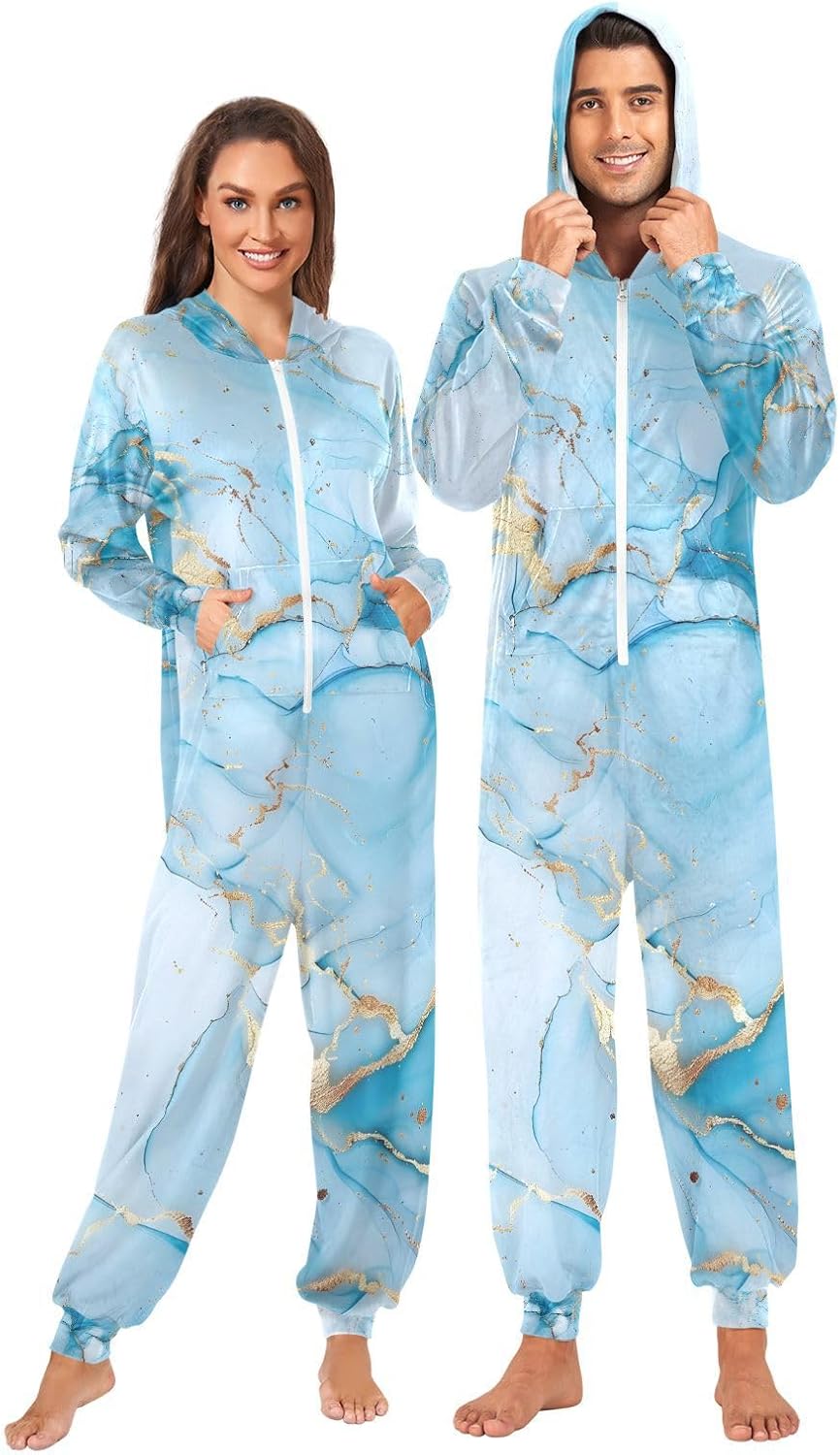 Marble Golden Marble Blue Unisex Adult Onesie Pajamas Comfy One Piece Costume Jumpsuits Novelty Sleepwear Homewear for Men Women