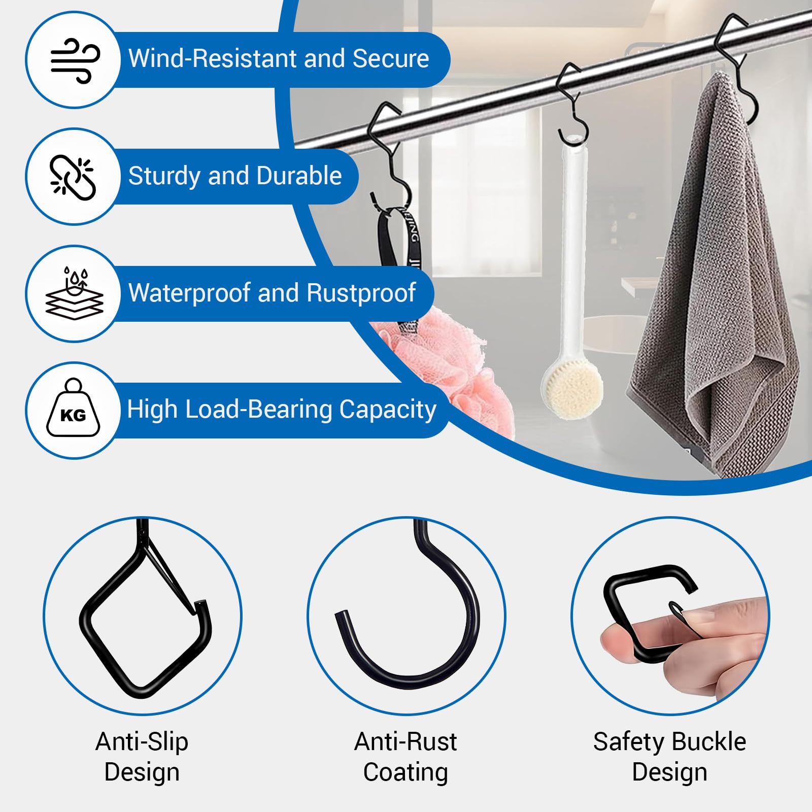 laveroar 10 Pack S Hooks, Black Heavy Duty Large 10cm Metal S Hooks with Safety Buckle Hanging for Plants Lights, Kitchenware - Image 3