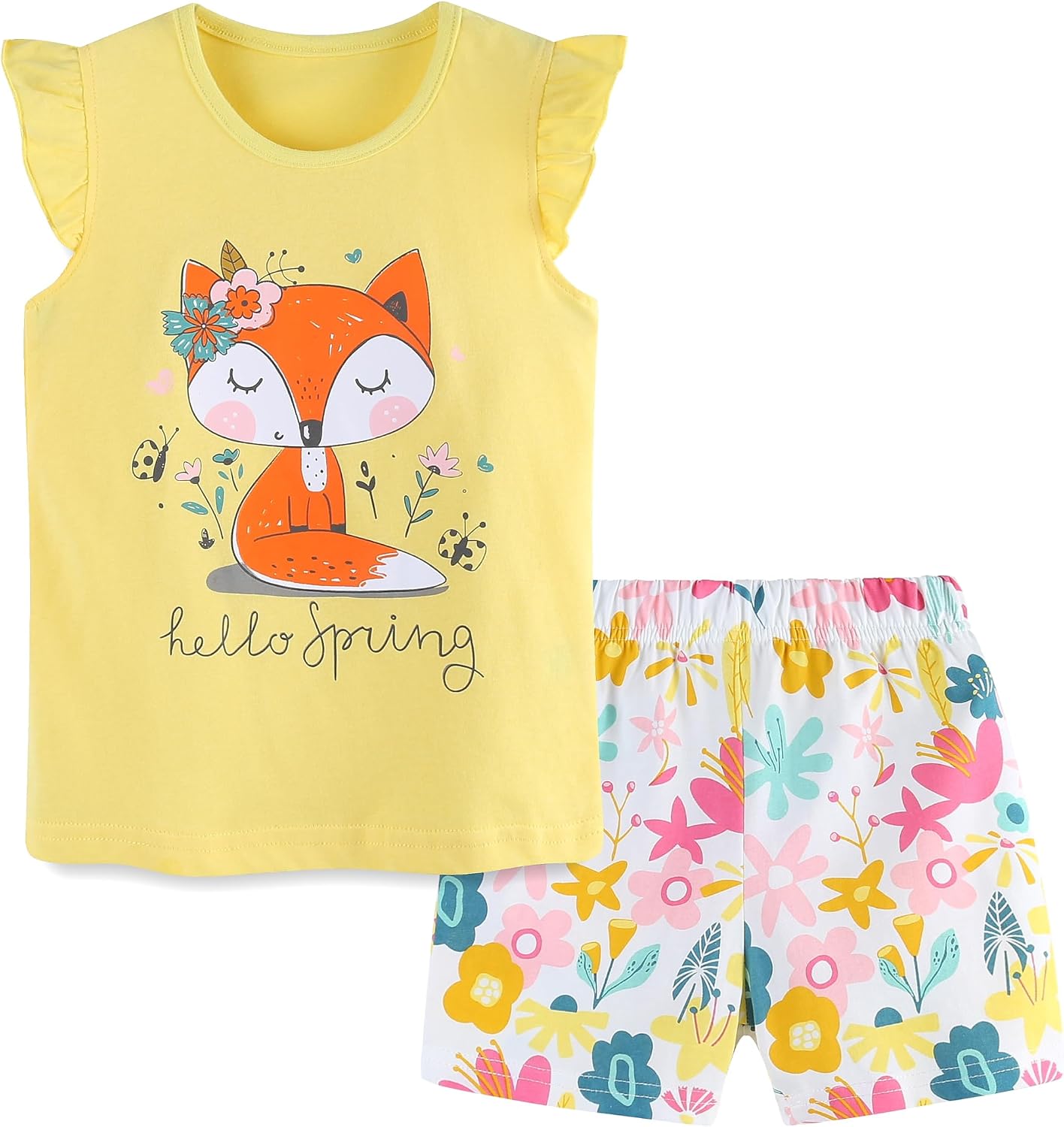 Akyzic Toddler Girl Causal Outfits Summer Short Sets Cartoon Cotton Top and Shorts Clothing Set