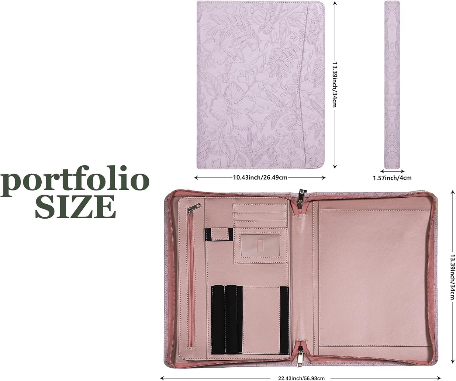 Embossed PU Leather Portfolio for Women,Professional Organize 3-Ring Padfolio with A4 Notepad Holder,Professional Business Document Organizer for Women (Purple)