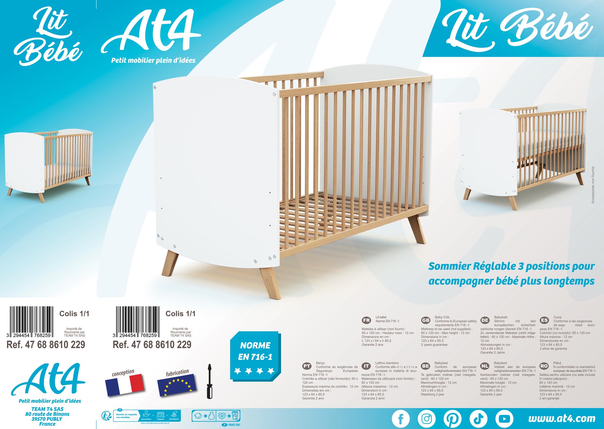AT4 - Lit bébé en bois 60 x 120 cm SCANDINAVE Blanc et Hêtre| en Bois | Dès la naissance | Confort de sommeil | Sommier à lattes | Lit à barreaux |Sommier réglable 3 hauteurs