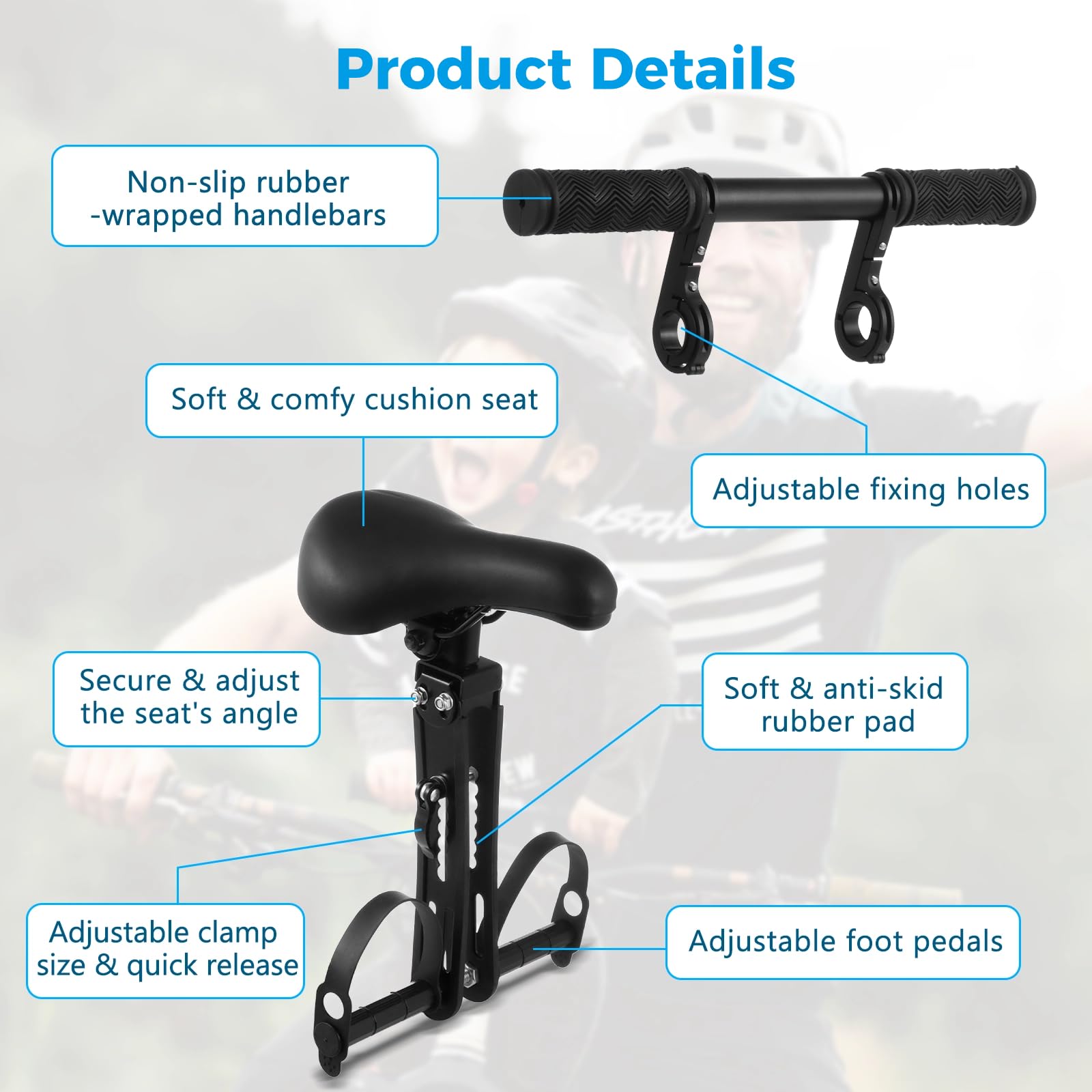 Siège de vélo pour enfant avec pédales et guidon, kit de siège de vélo pour enfants de 2 à 5 ans, compatible avec tous les VTT, kit de siège de vélo parent-enfant