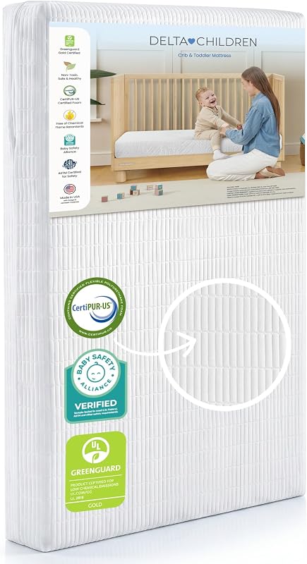 Delta Children Sweet Beginnings Colchón de doble cara para cuna de bebé y colchón para niños pequeños, certificado GREENGUARD Gold y CertiPUR-US, espuma firme a base de plantas, impermeable, 5 años de garantía, fabricado en Estados Unidos, blanco