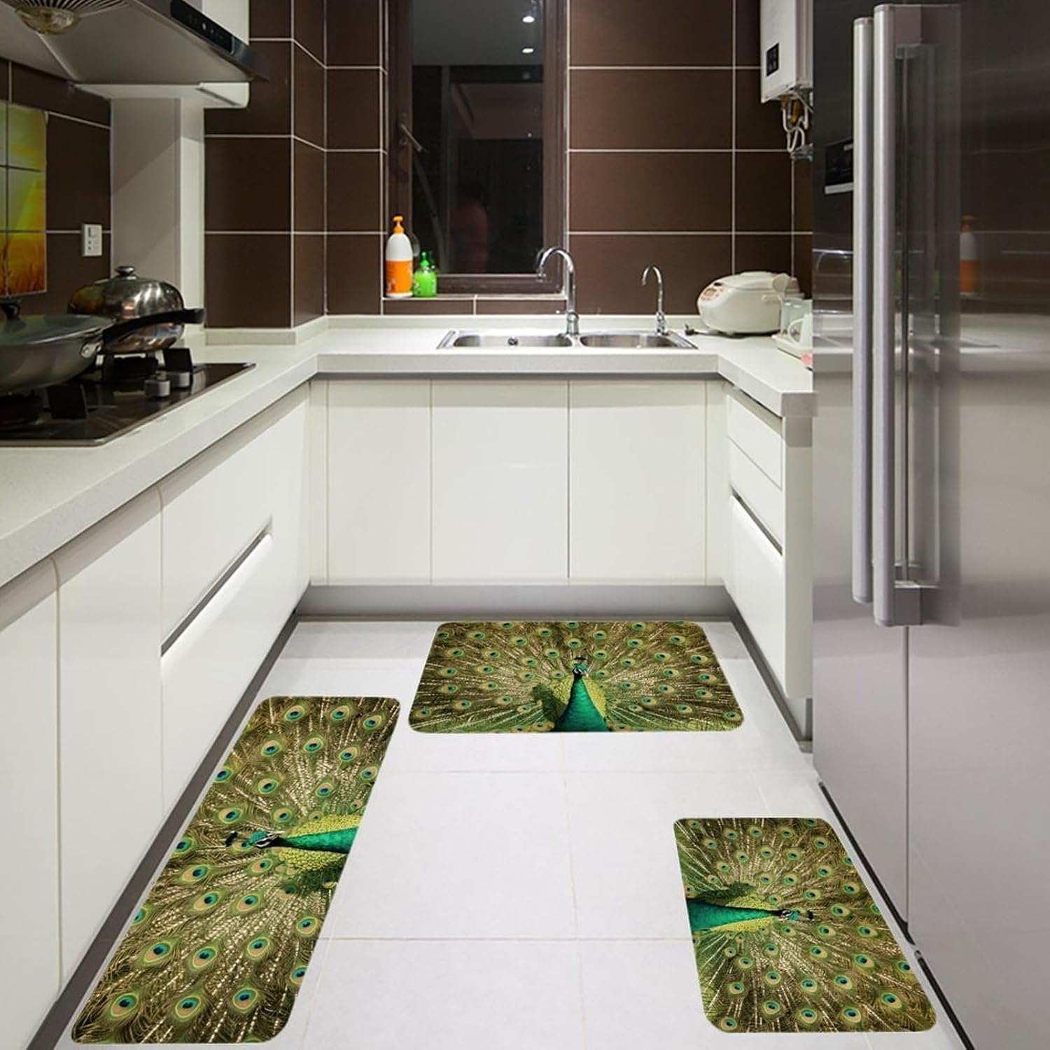 Green Peacock Kitchen Mats for Floor 3 Pcs Kitchen Rugs
