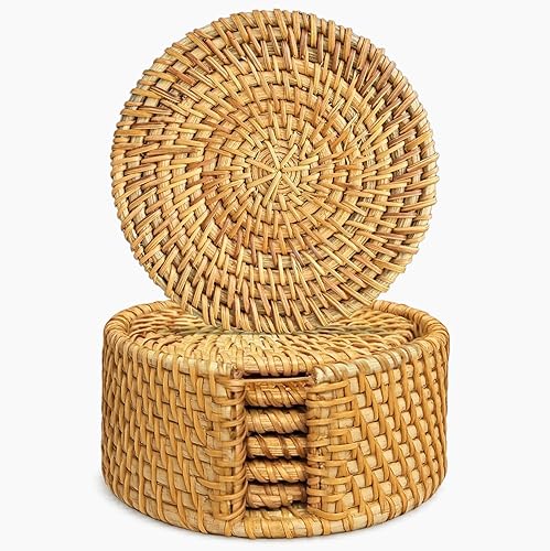 Set of 6PCS Handmade Rattan Coasters with Holder, Natural Wicker