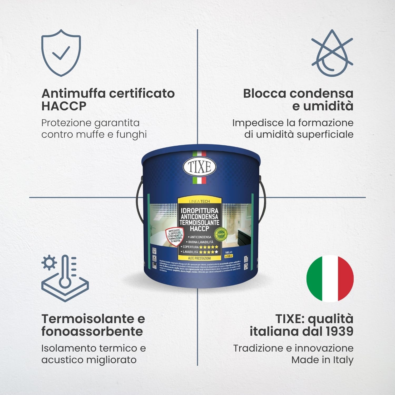 TIXE Idropittura Anticondensa Termoisolante | Certificata HACCP | 15 Lt | Pittura Bianca per Interni Antimuffa e Anticondensa, Termoisolante e Fonoassorbente | Alta Copertura | Lavabile