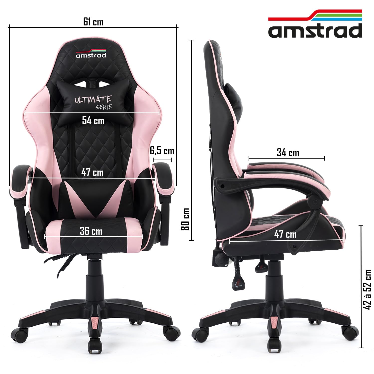 Amstrad Ultimate-Pink Fauteuil/Chaise de Bureau Gamer Coloris Noir & Rose - Coussin Lombaire & appuie tête