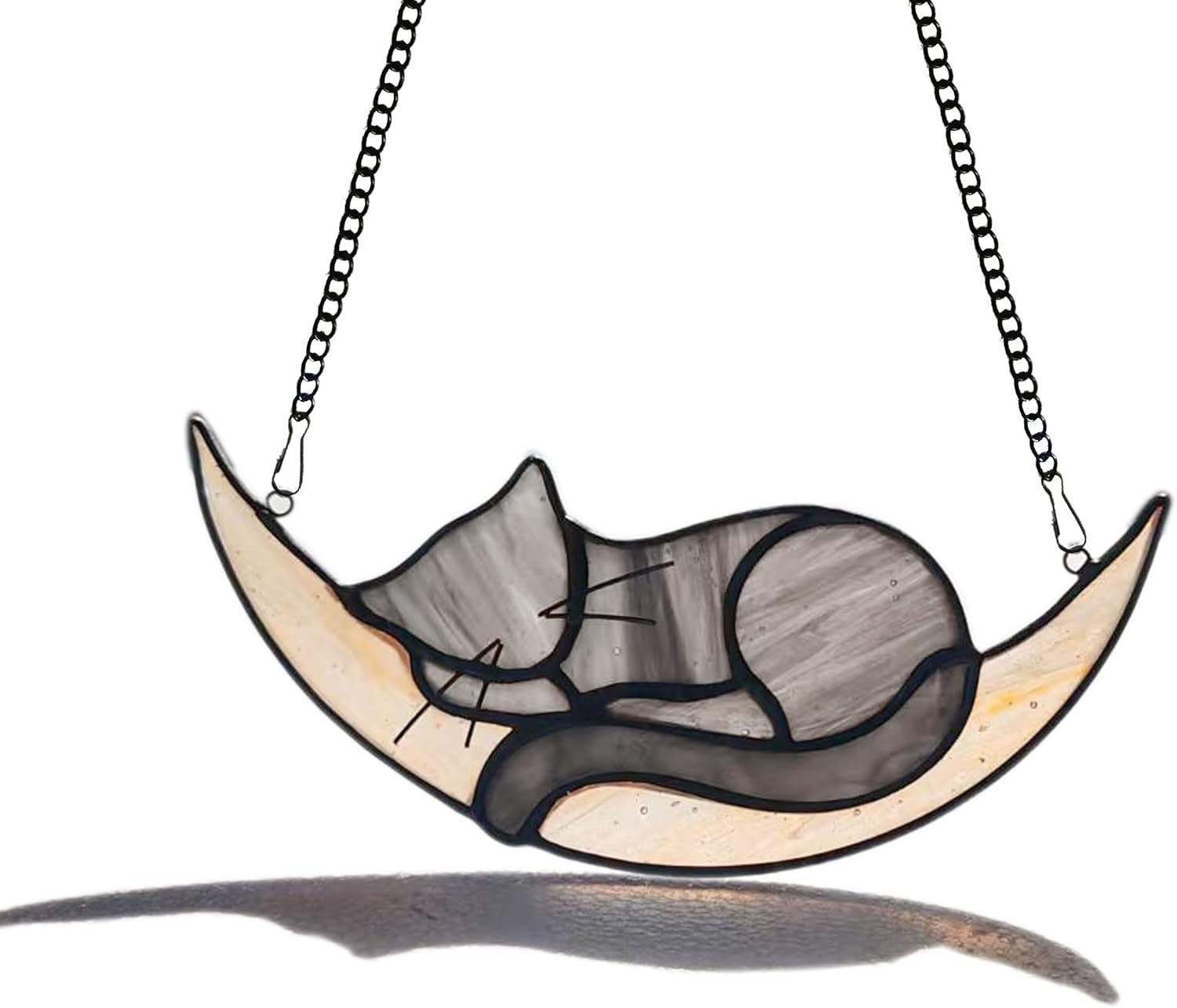 Grey Cat on Moon Stained Glass Window Hanging Suncatcher Indoor Ornament & Outdoor Decor Gifts for Lover and Friends (Grey)